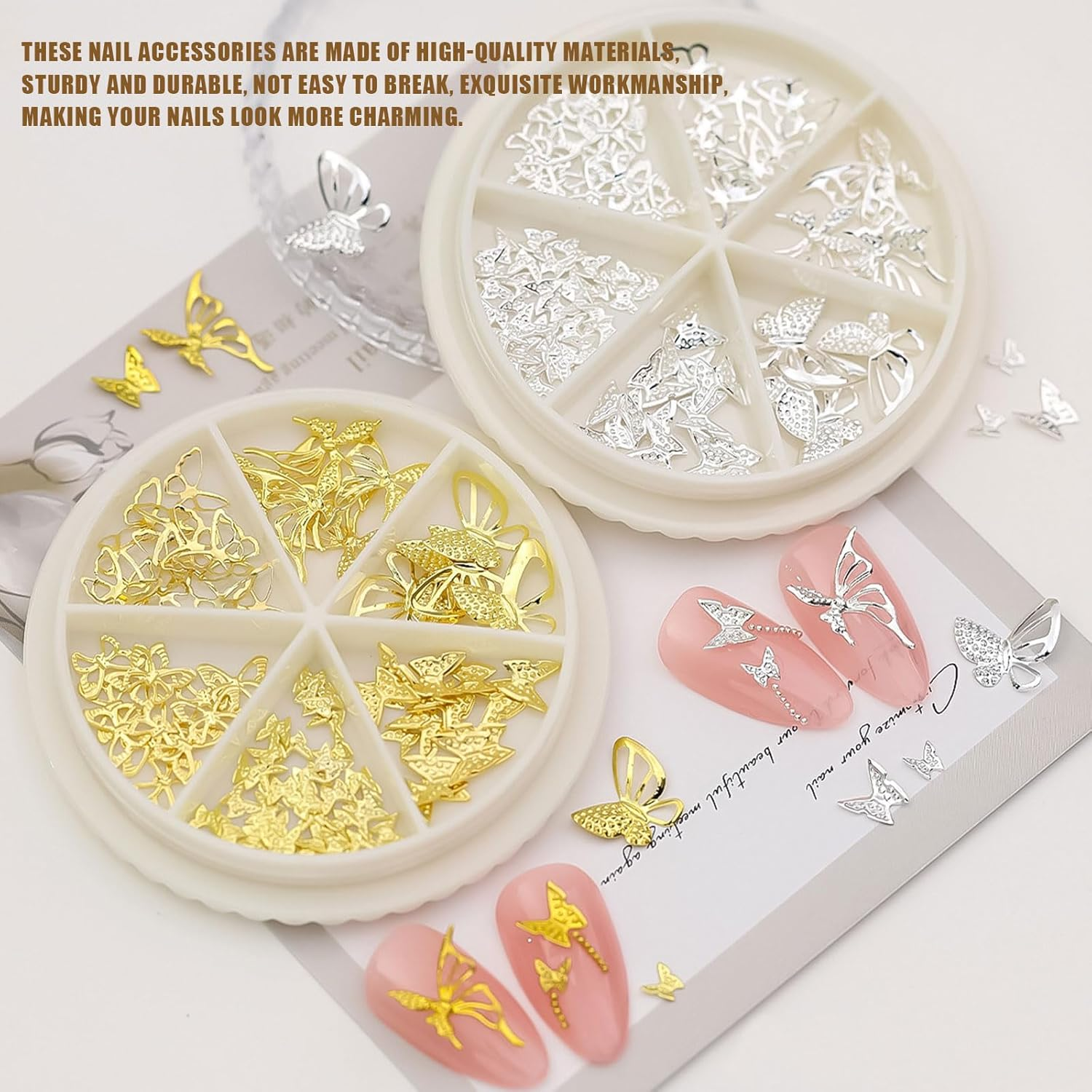 Butterfly Nail Charms, 2 Boxes Gold Silver Butterfly Nail Gemstones, Metal Alloy Hollow Butterflies Nail Art Decoration Accessories Nail Studs for Women and Girls, Manicure Design image number 1