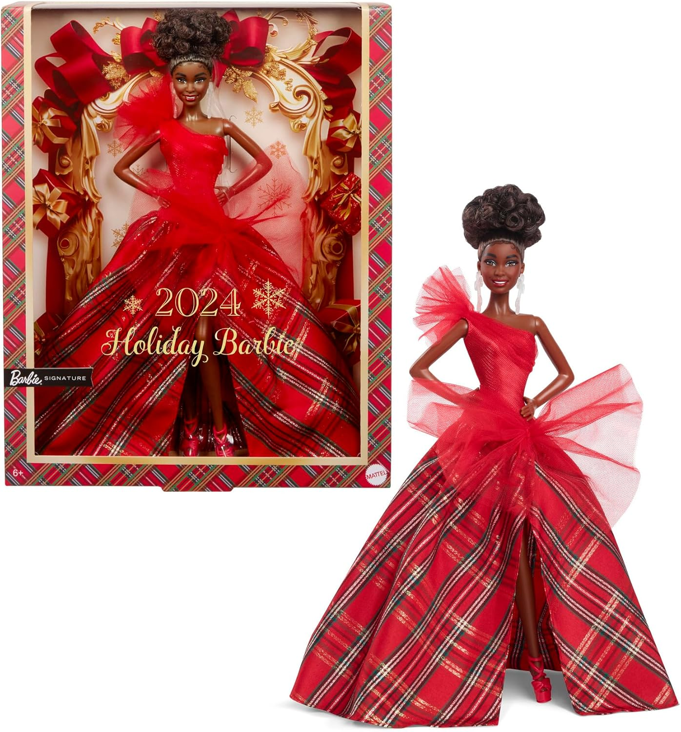 Barbie Signature Doll, 2024 Holiday Barbie Fashion Doll with Brown Hair Wearing Plaid Gown, Seasonal Collector Gift in Displayable Packaging image number 1