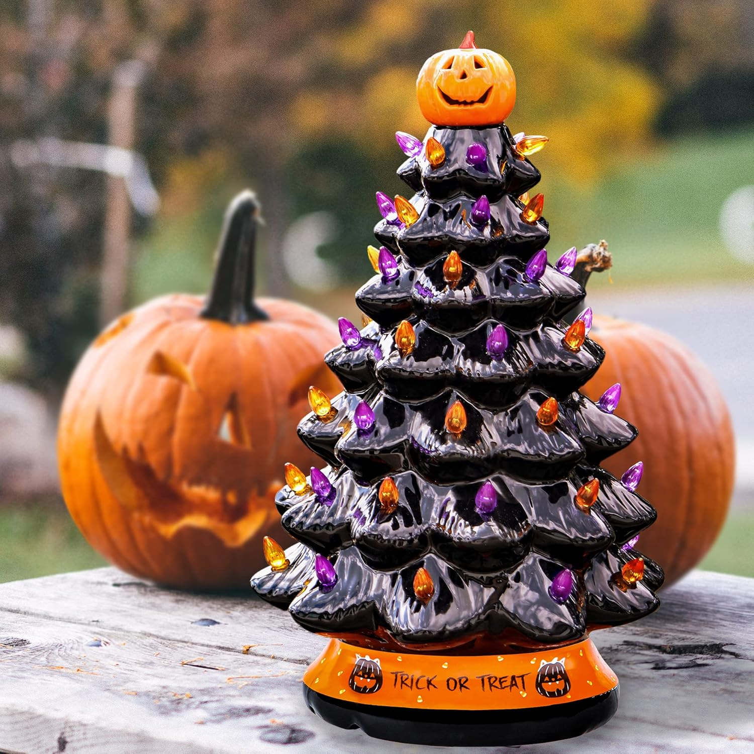 RJ Legend Ceramic Tree - Christmas Decorations, Orange Pumpkin Head-Home Decoration over 50 Multicolor Bulbs, LED Light up by Battery - Black, 15 Inch image number 3