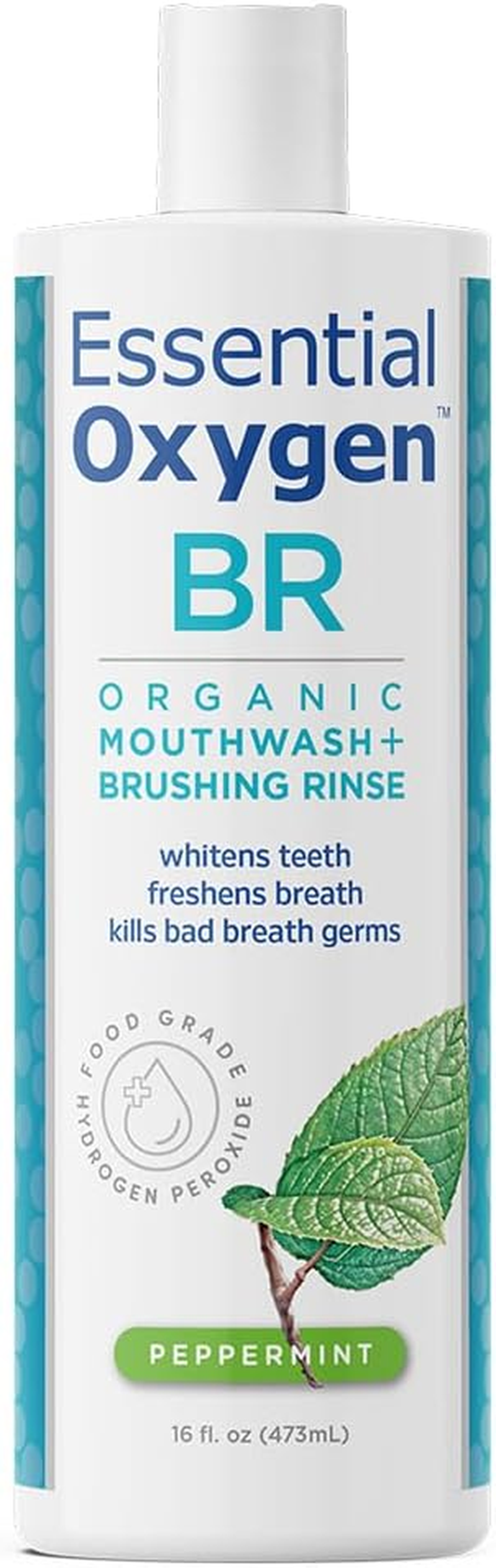 Essential Oxygen Certified BR Organic Brushing Rinse, All Natural Mouthwash for Whiter Teeth, Fresher Breath, and Happier Gums, Alcohol-Free Oral Care, Peppermint, 16 Ounce