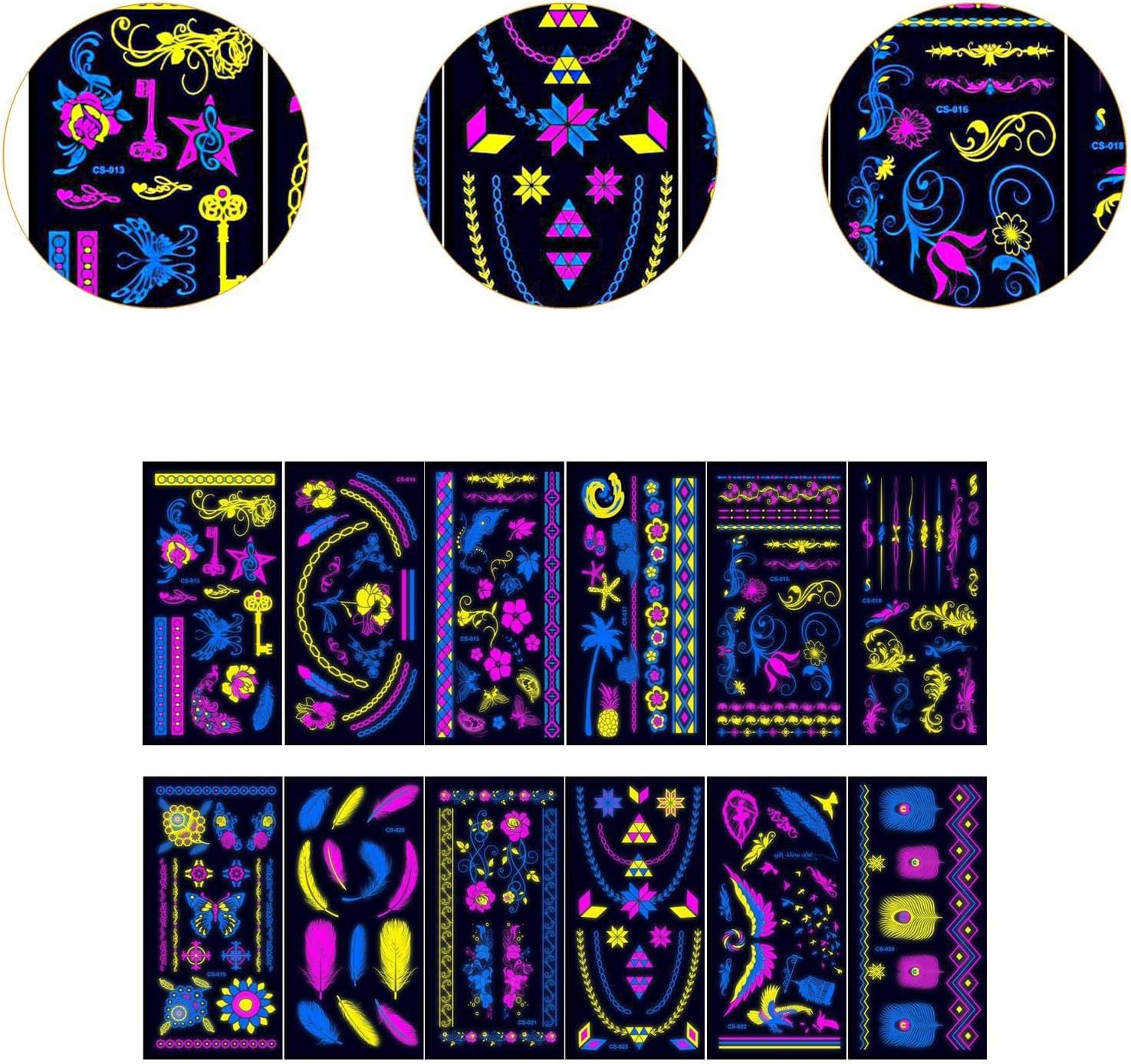 12 Pieces Glow in the Dark Tattoos, Reactive Luminous Gifts, Temporary Tattoos for Raves, Style A - Style B image number 4