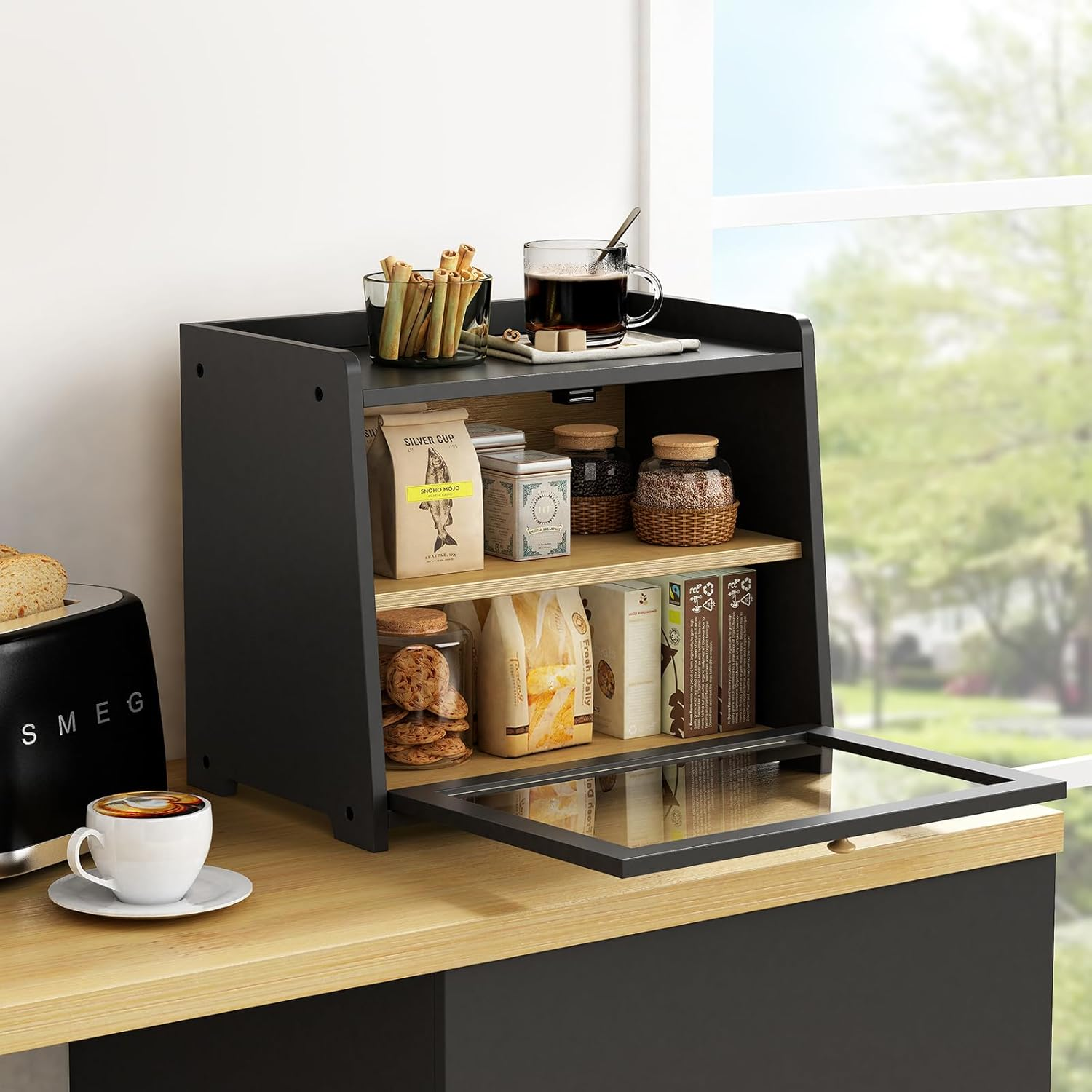 Goozii Black Bread Box for Kitchen Countertop, Large Bread Storage Container for Homemade Bread, Wood Farmhouse Breadbox Organizer for Kitchen Counter Corner, Cabinet, Pantry, Cupboard (Black)