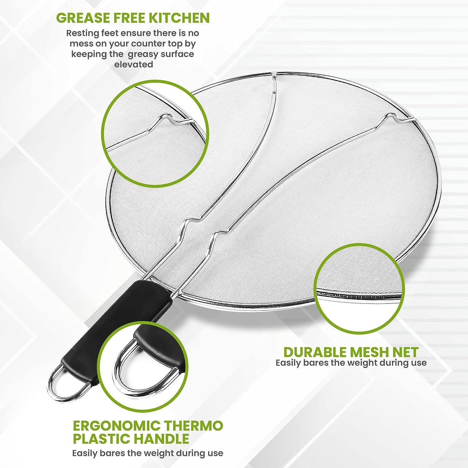 13" Grease Splatter Guard, Splash Guards Oil Splatter Screen Stain Steel Mesh Silicone Insulated Handle for Cooking Skillet Frying Pan image number 4