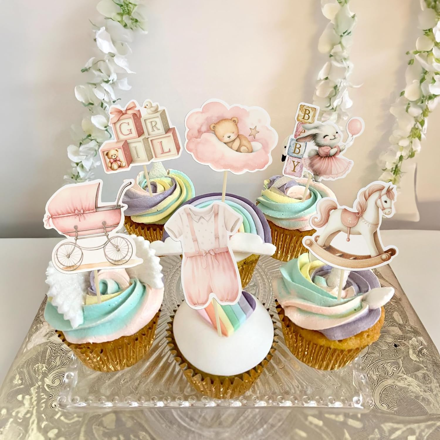 Ephlyn 36Pcs Baby Girl Cupcake Toppers Baby Shower Decorations for Girl Bear It'S a Girl Cupcake Picks Decorations for Baby Girls Birthday Party Cake Decorations Pink