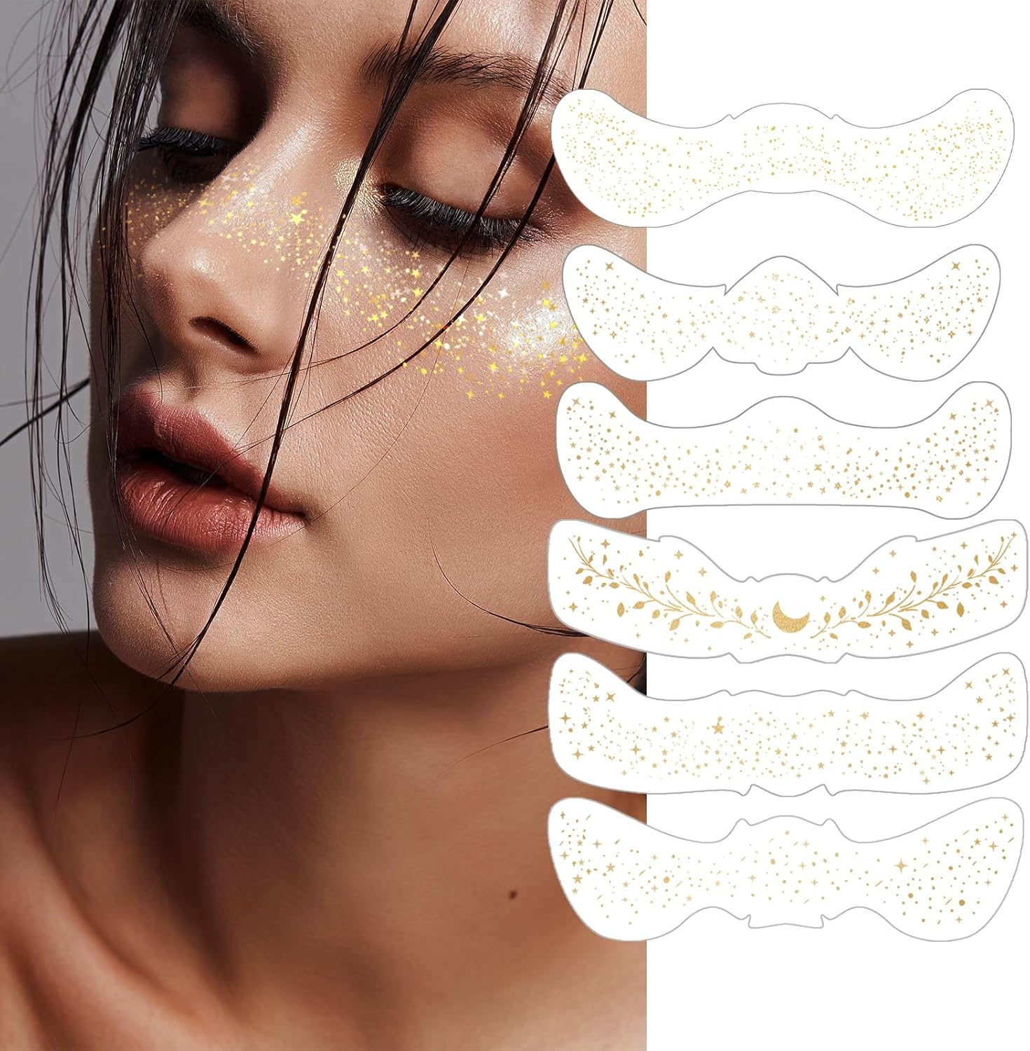 Yamobi Pack of 6 Glitter Freckles Tattoos, Water and Sweat-Resistant, Golden Self-Adhesive Glitter Stones for Face, Ideal for Parties and Events image number 4