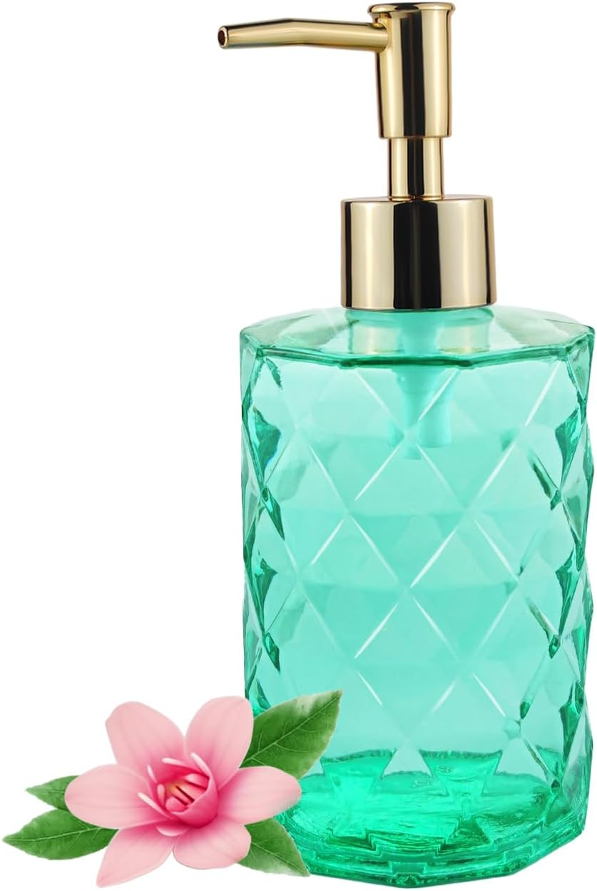 Pink Glass Hand Soap Dispenser with Gold Plastic Pump, Liquid Lotion Dispenser for Bathroom, Dish Dispenser Bottle for Kitchen Sink