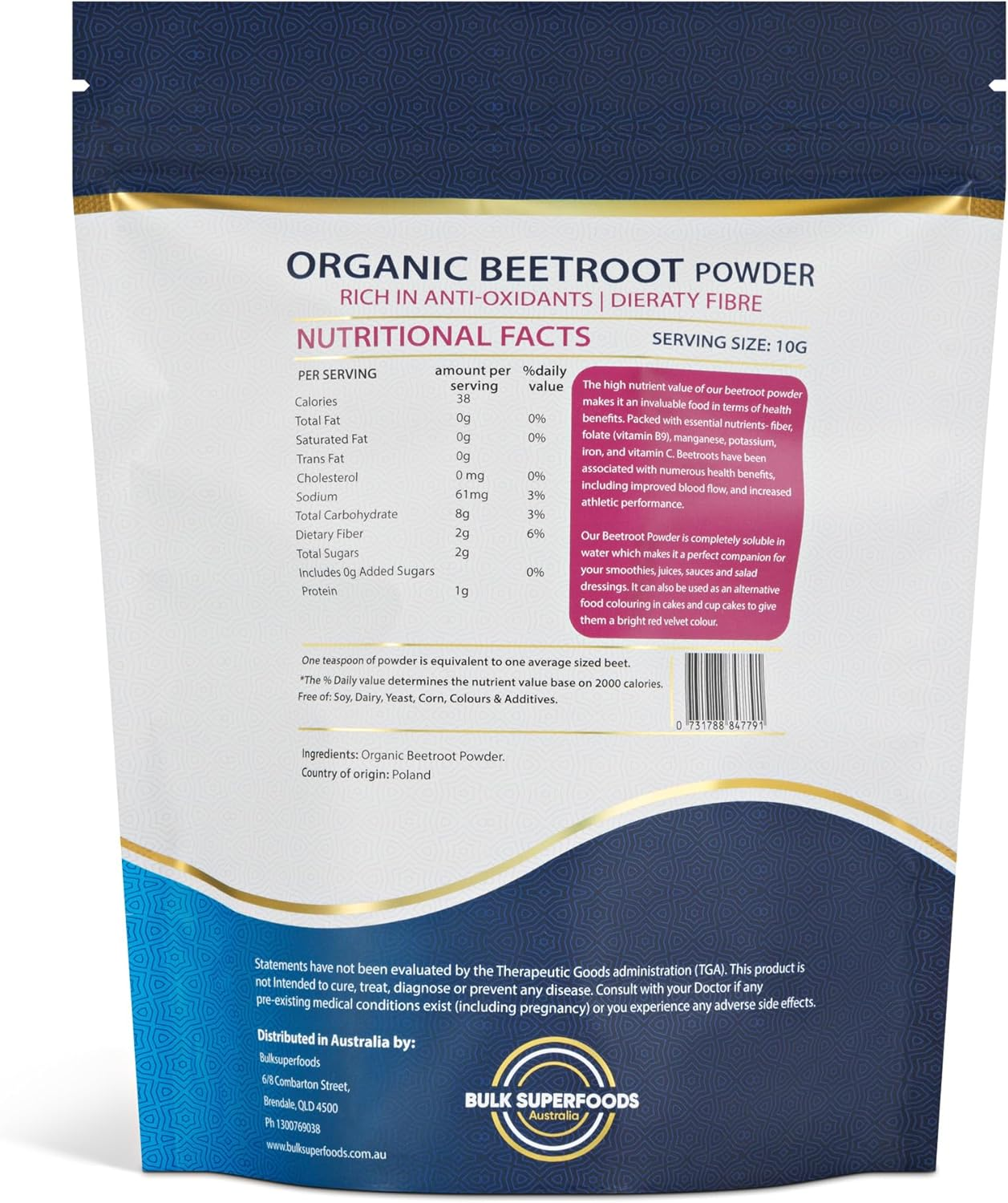 Organic Beetroot Powder 500G by Bulk Superfoods image number 1