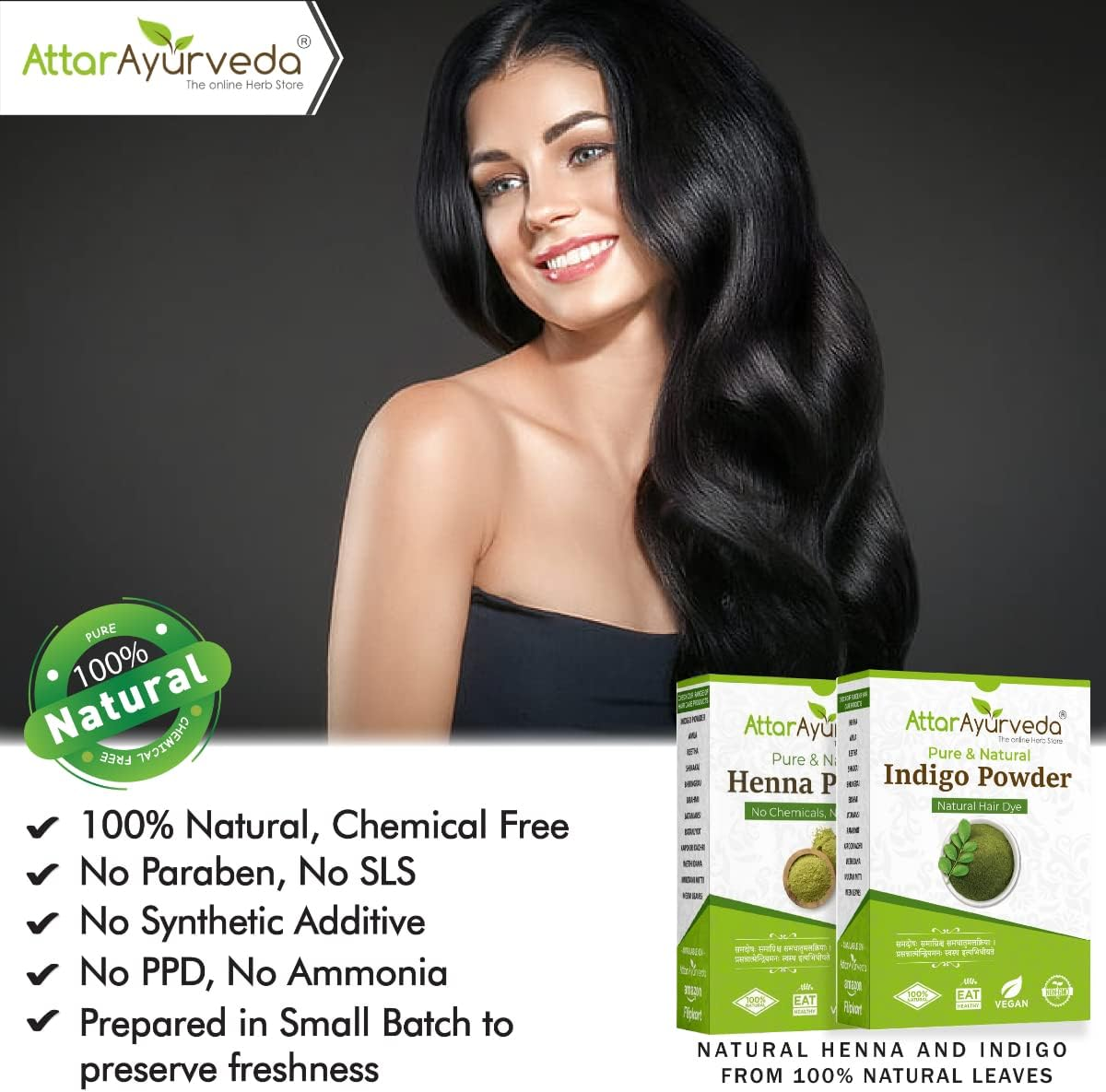 Attar Ayurveda Natural Dye for Black Hair (Henna Leaves Powder| Indigo Leaves Powder Combo Pack) (200 Grams + 200 Grams = 400 Grams Total) - 14 Ounce Pack 2 image number 6