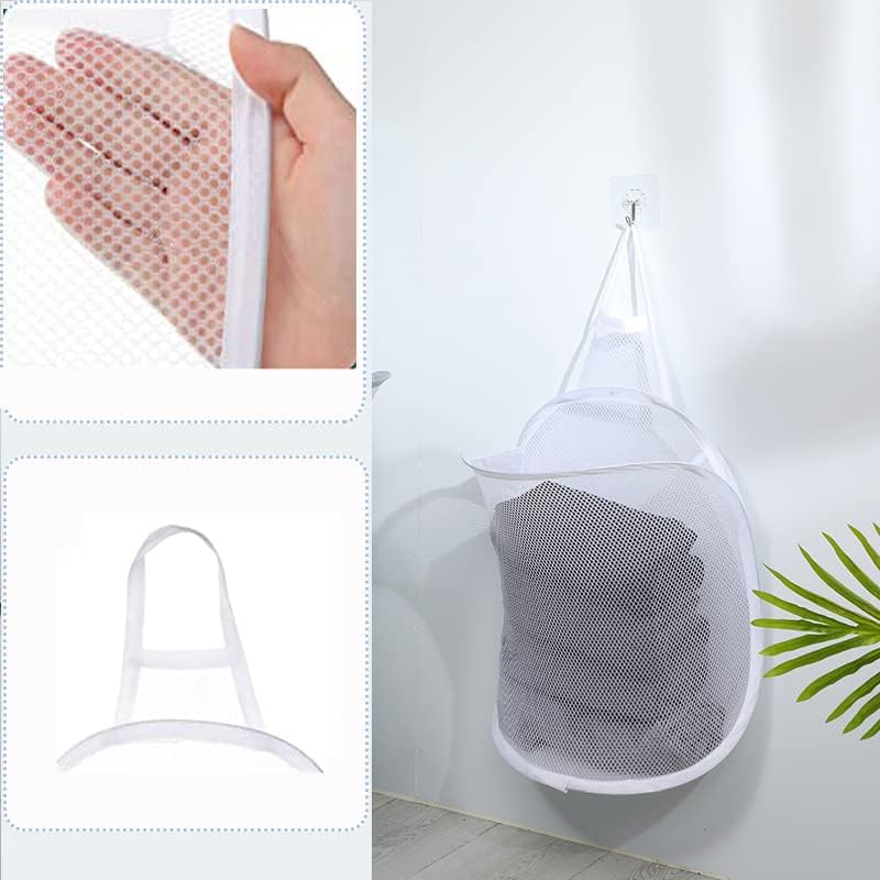 Yqkangzhu Hanging Laundry Hamper, Mesh Laundry Basket, Foldable Hamper with Carry Handle, Collapsible Dirty Clothes Hamper, Wall Mounted Storage Bag, Breathable Net Hampers for Laundry Room, Bathroom
