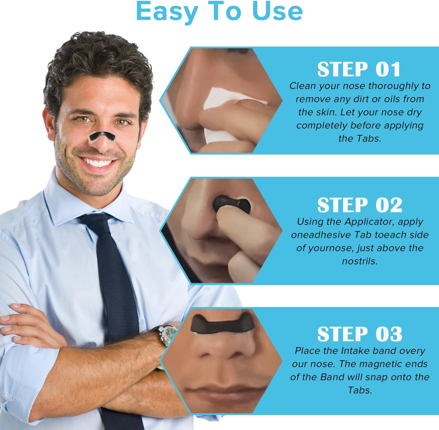 Yakiter Nasal Strips, 60 Pcs Magnetic Nose Strips, anti Snoring Intake Breathing Nose Strips with Nose Clips, for Sleep Sports, Stop Snoring Aids for Men & Women (Black) - Black image number 6