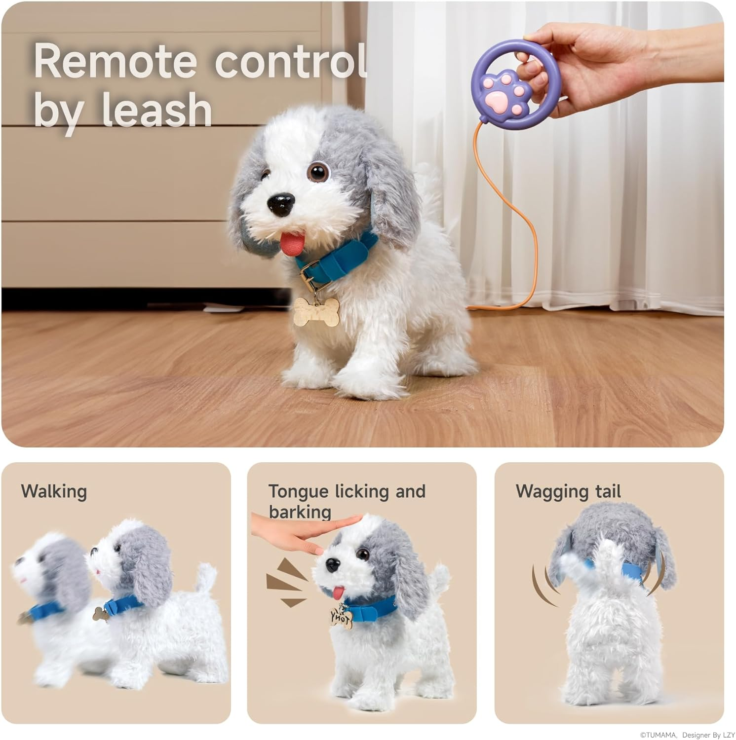 OR or TU Walking Barking Toy Dog with Remote Control Leash, Plush Puppy Electronic Interactive Toys for Kids, Shake Tail,Pretend Dress up Realistic Stuffed Animal Dog Age 3 4 5+ Years Old Best Gift image number 2