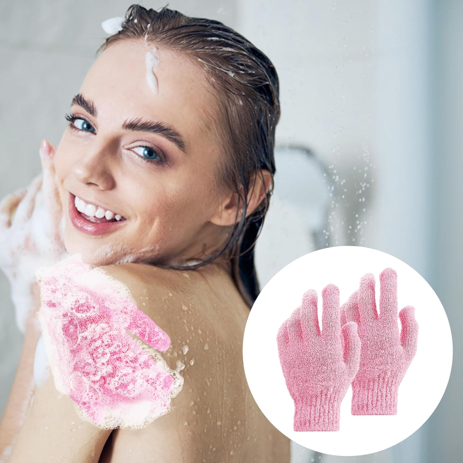 2Pcs Exfoliating Gloves Bamboo Exfoliator Mitt Body Scrub Exfoliating Washcloths Scrubbing Glove for Shower, Spa, Massage and Dead Skin Cell Remover Loofah, Pink image number 6