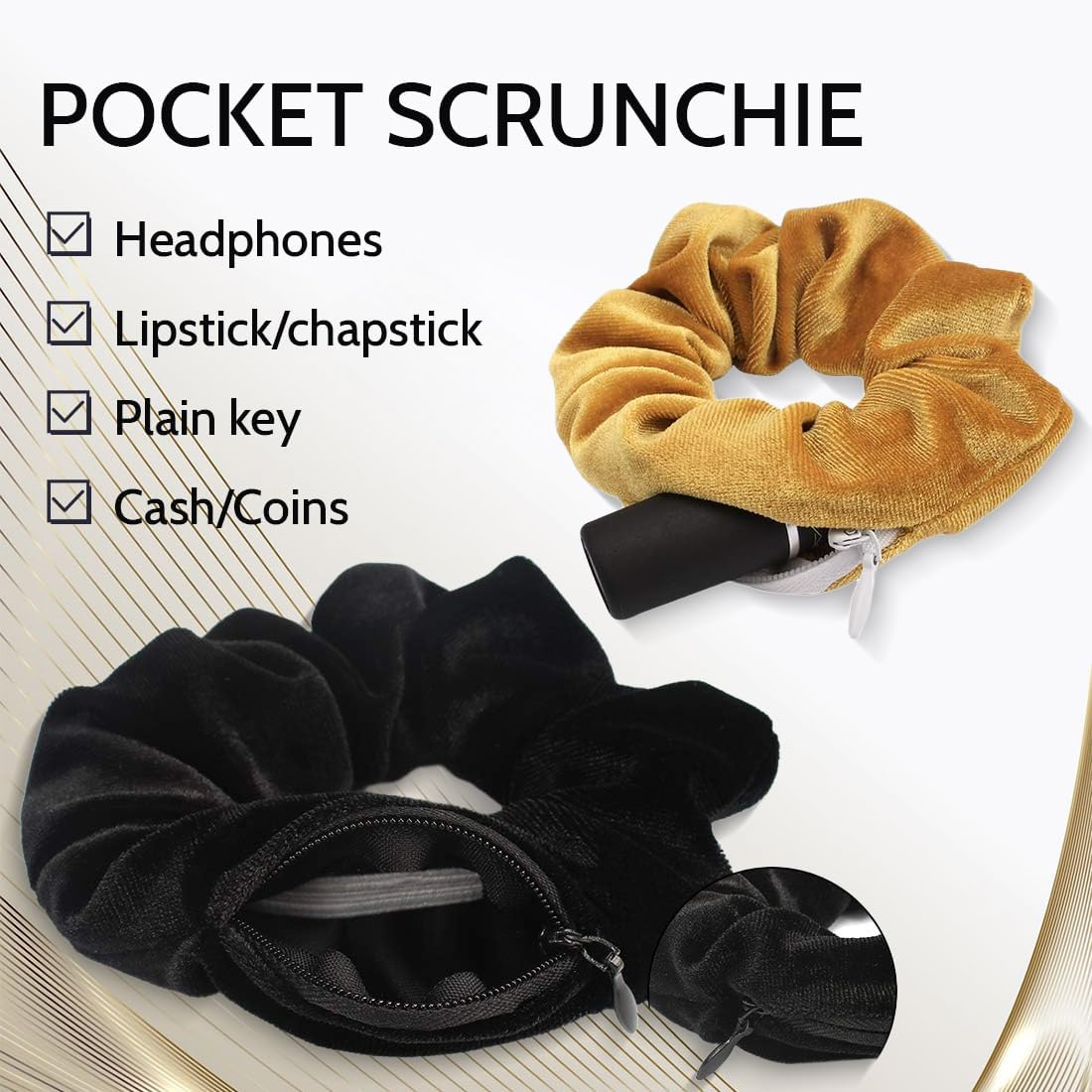 Pack of 3 Women'S Velvet Scrunchies with Zip Pocket, Girls Elastic Cable Elastics, Scrunchies Hair Scrunchies with Hidden Zip Pocket, Hair Bands for Girls and Women image number 1