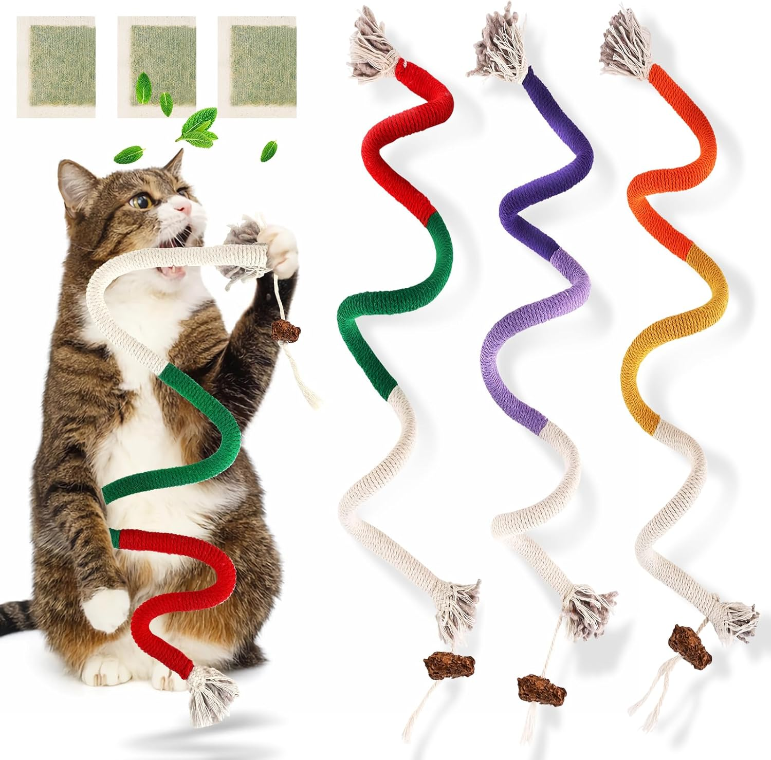 3 PCS XL Cat Toys Chew Ropes, 27.56 Inches Cat Chew Rope Toy for Teeth Cleaning, Safe Catnip Toys for Cats Rope Chew Toy (3 Bags of Catnip Included)