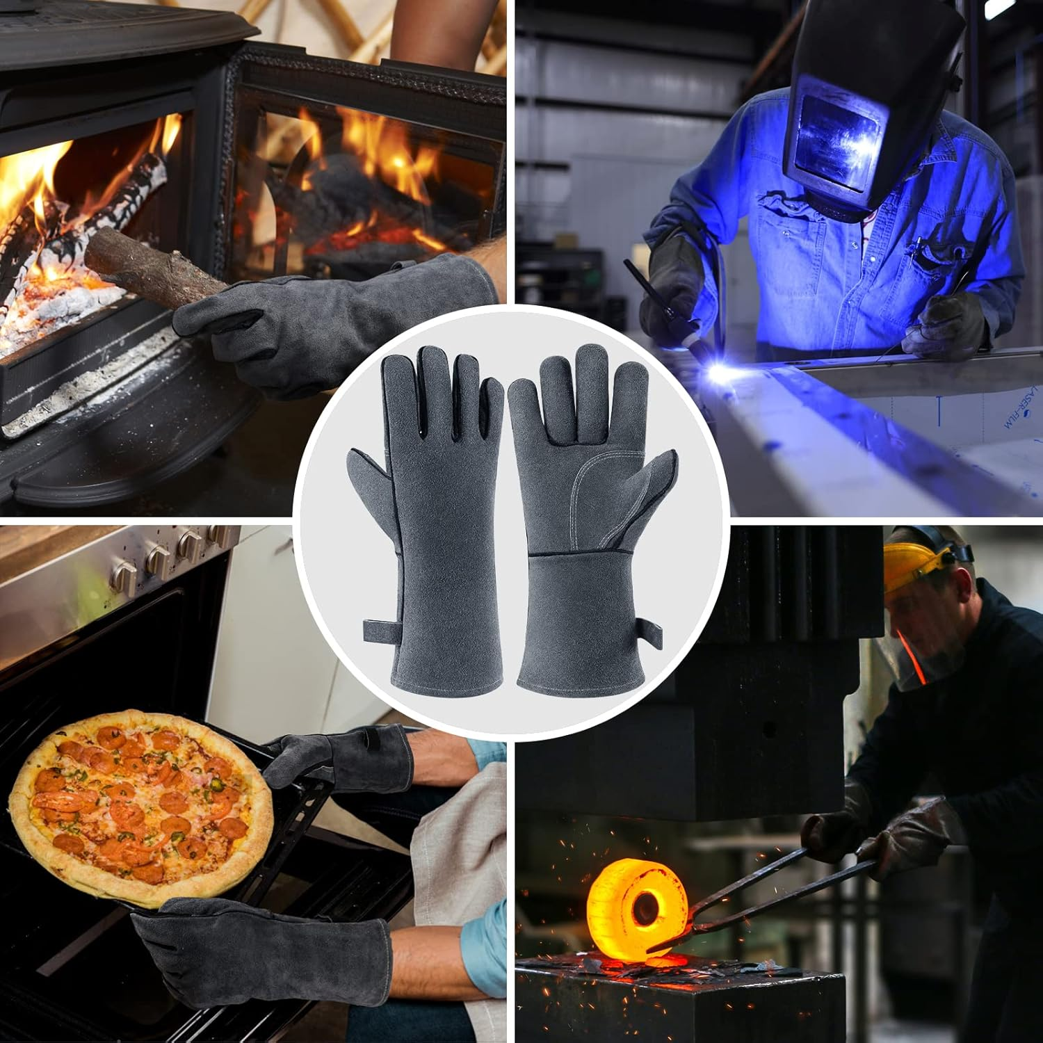 OZERO 932&deg;F Heat Resistant Forge Welding Gloves: 16 Inches Cowhide Leather Long Sleeve & Insulated Lining Grill Gloves for Barbecue/Tig Welder/Oven/Fireplace/Wood Stove/Animal Handling image number 4