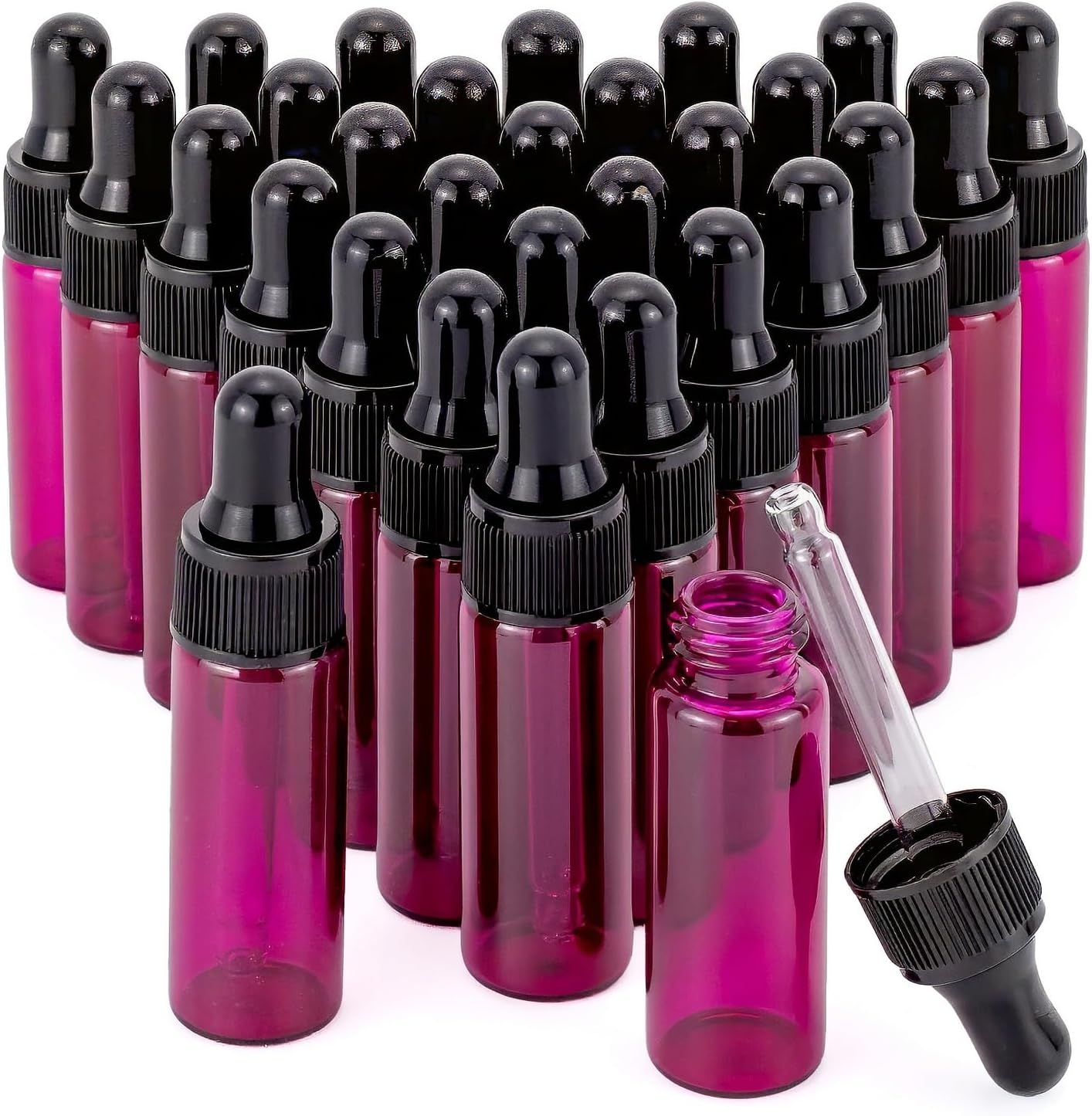 Pxyelec 30Pcs 5Ml 1/6Oz Black Plastic Head Essential Oil Bottle Pink Glass Dropper Bottles with Tapered Glass Droppers Black Plastic Ring Use for Fragrance, Lotion,Essential Oil, Treatment, Pink, Standard image number 6