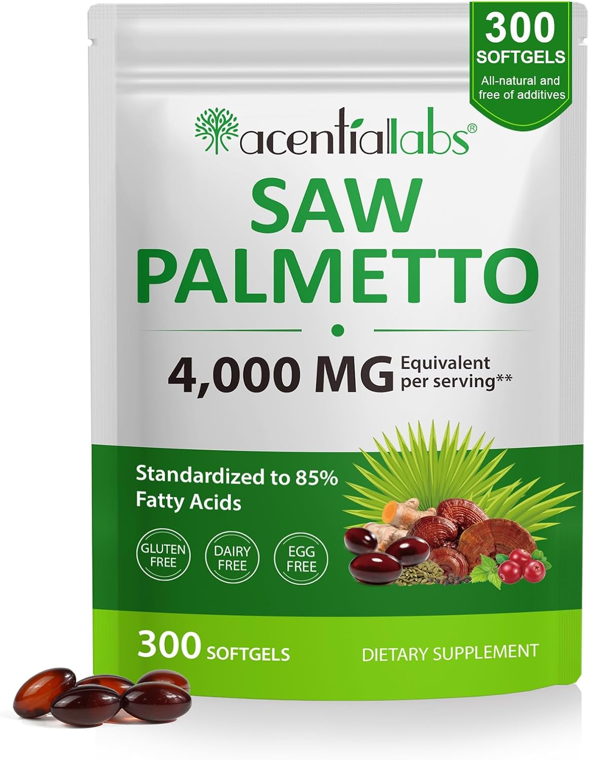 Saw Palmetto 4000Mg | Standardized to 85% Fatty Acids | with Pumpkin Seed, Stinging Nettle, Reishi & More | Non-Gmo | Gluten, Dairy & Egg Free | 300 Softgels image number 2