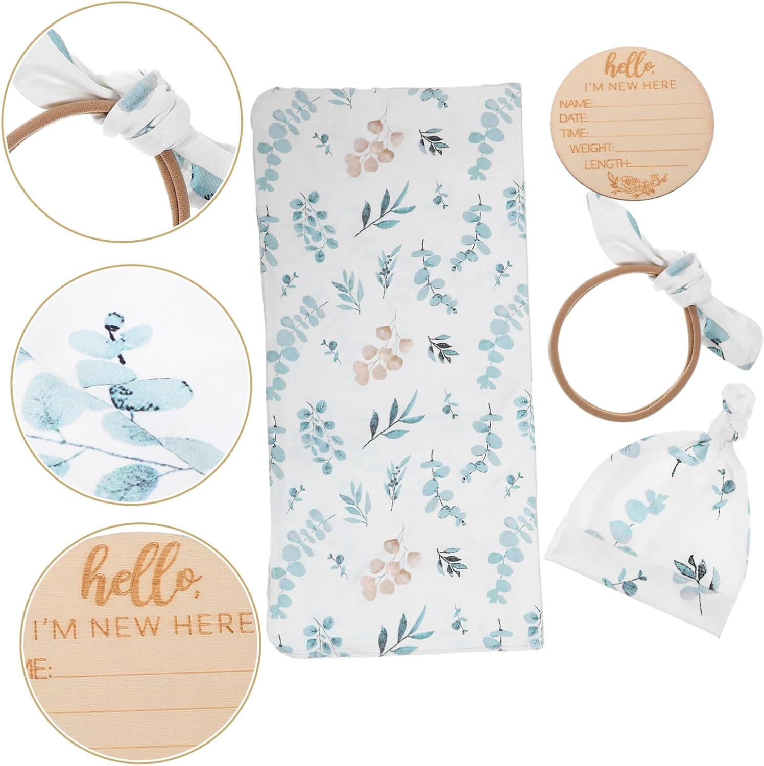 INOOMP 1Set Newborn with Hat and Headband Essentials for Boy Girl Includes Eucalyptus Design and Sign image number 4