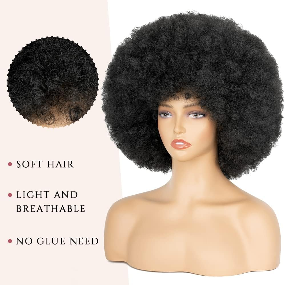 Aminow 70'S Afro Wig for Women, Natural Black Short Afro Curly Wig, Glueless Synthetic Wig with Bangs, Puffy & Fluffy Bouncy Afro Wig for Daily Cosplay Party image number 2