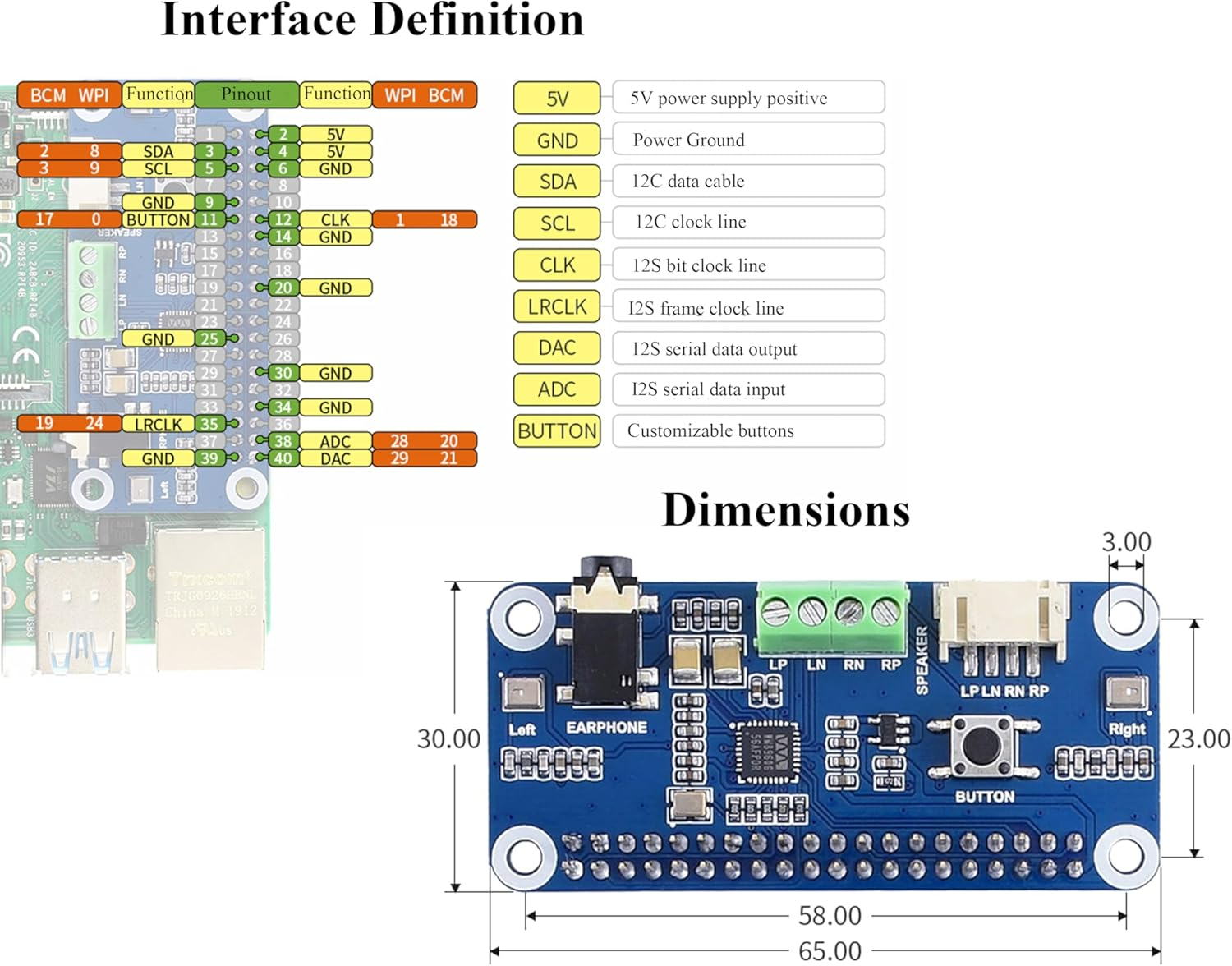 WM8960 Audio HAT Compatible with Raspberry Pi 5/4B/3B+/3B/Pi Zero/Zero W/Pi Zero 2W/Zero 2Wh/Pico W/Pico 2W, WM8960 Hi-Fi Sound Card HAT, Stereo CODEC, Hi-Fi Play/Record, Come with 8&Omega; 5W Speaker