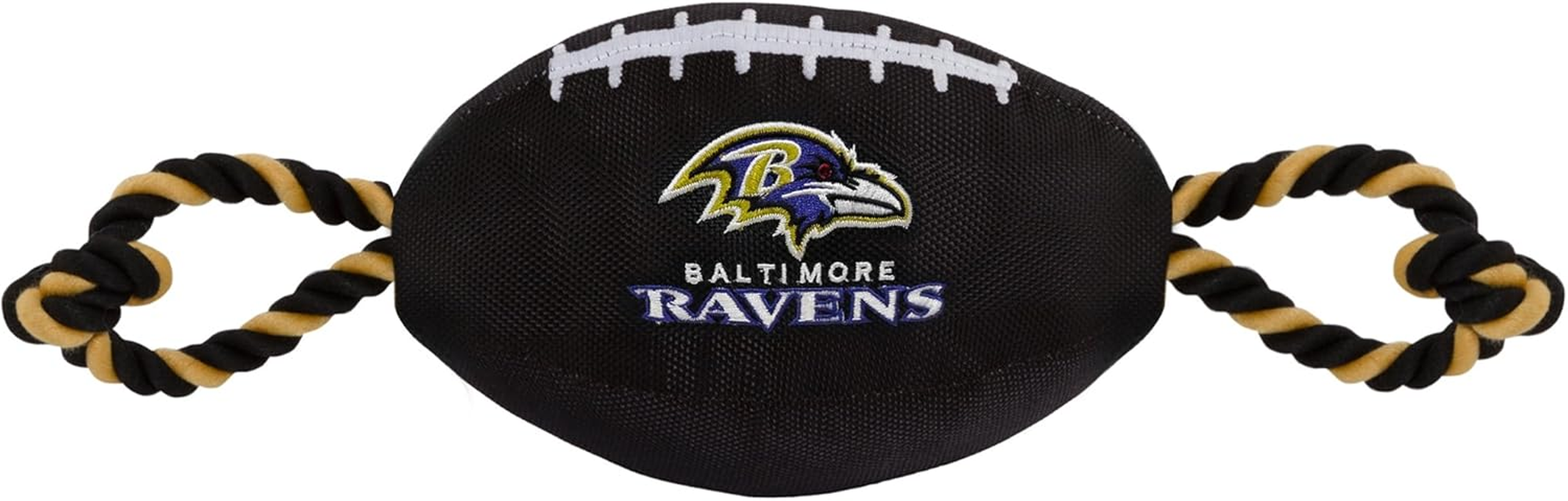 Pets First NFL Baltimore Ravens Football Dog Toy, Tough Nylon Quality Materials with Strong Pull Ropes & Inner Squeaker in NFL Team Color (BAL-3121)