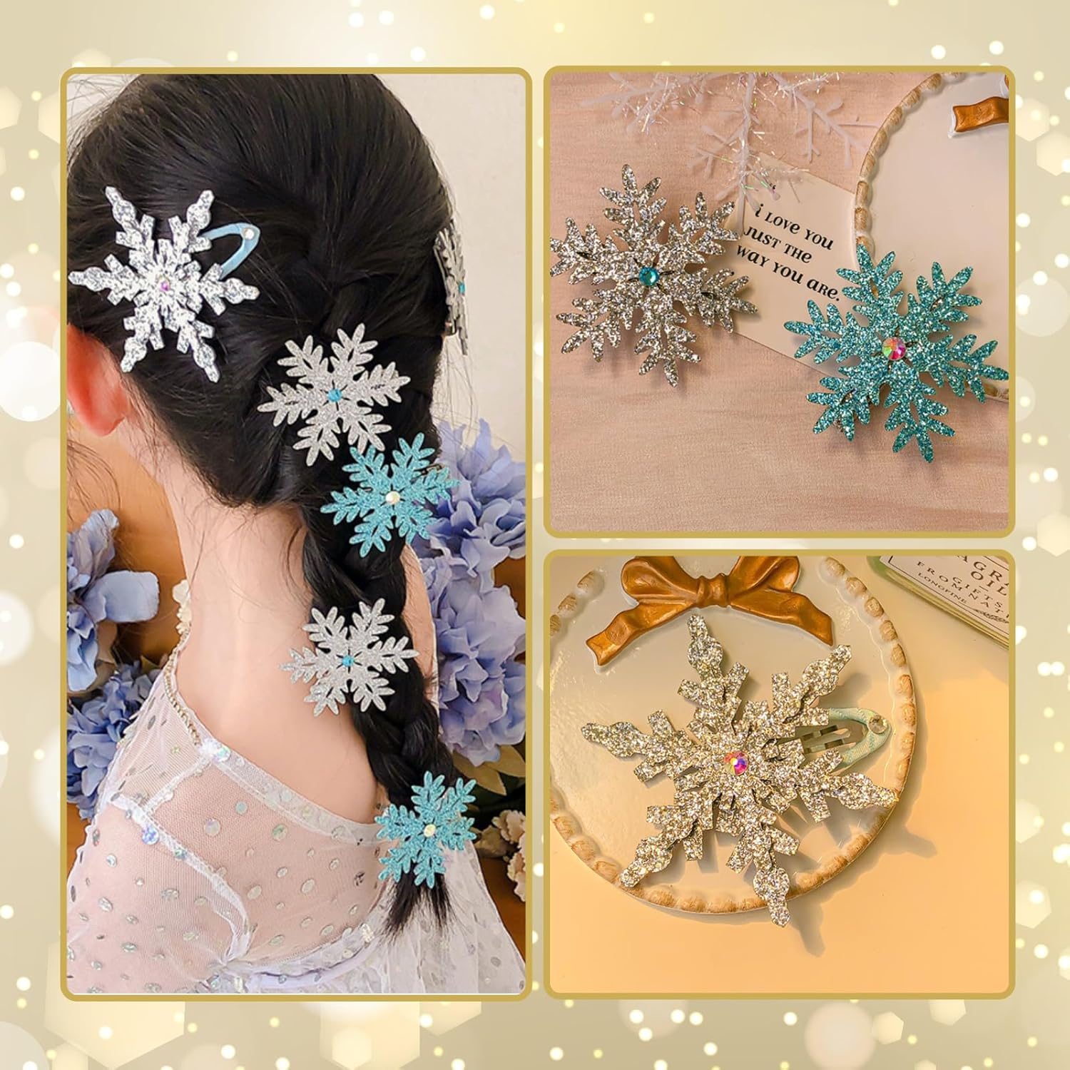 EWEIS 6 Pack Snowflake Hair Clips, Glitter Snowflake Hair Accessories for Girls,Princess Snow Flake Hair Clips&Accessories, Holiday Hair Bows, Kids & Women&rsquo;S Hair Accessories Set image number 3