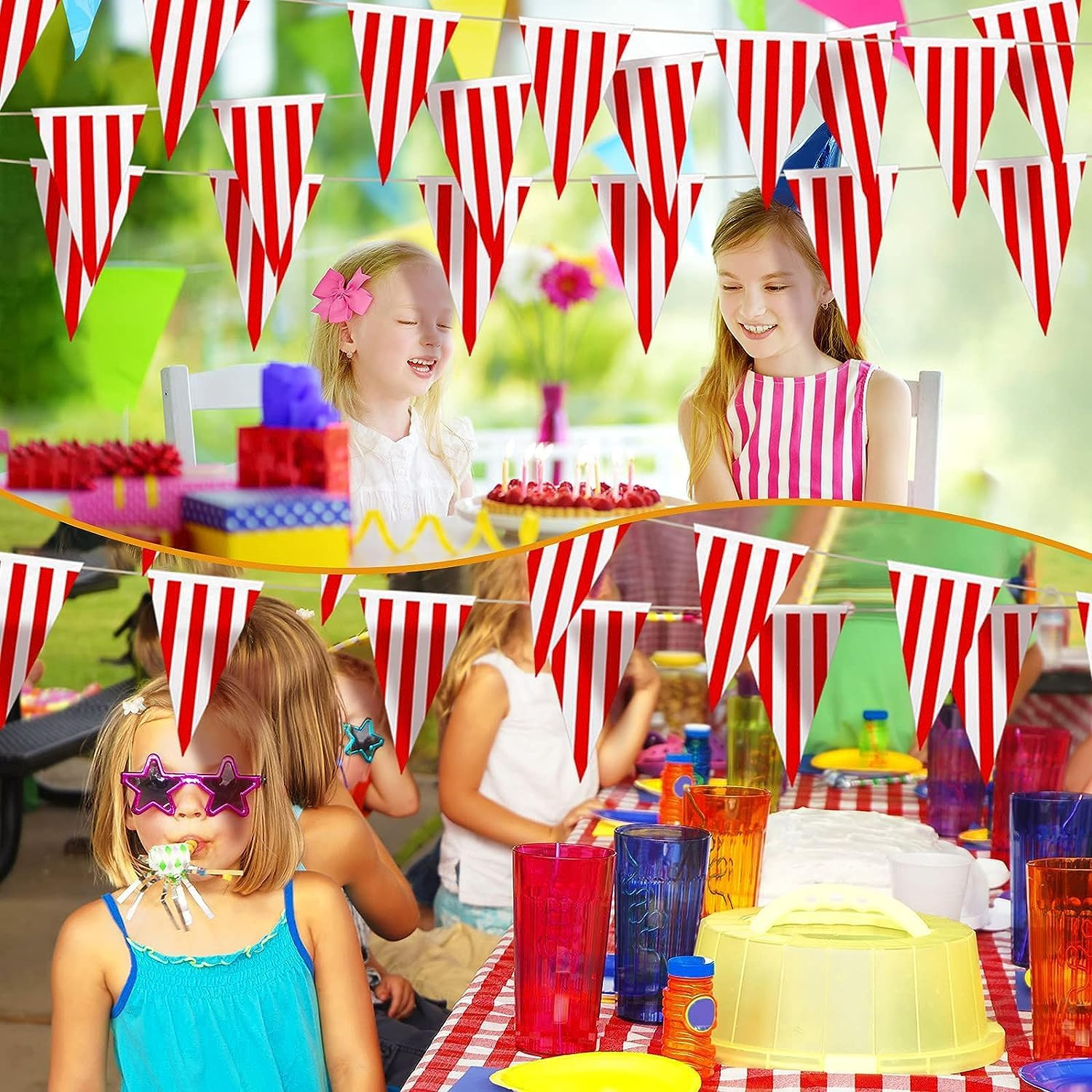 Red and White Pennant Banner Flags,100Ft 48 Pcs Large Bunting String Triangle Flags,Red White Striped Pennant Banner Flags Triangle Bunting Flags,Triangular Flag Banner Flag Pennant Banner Flags image number 6