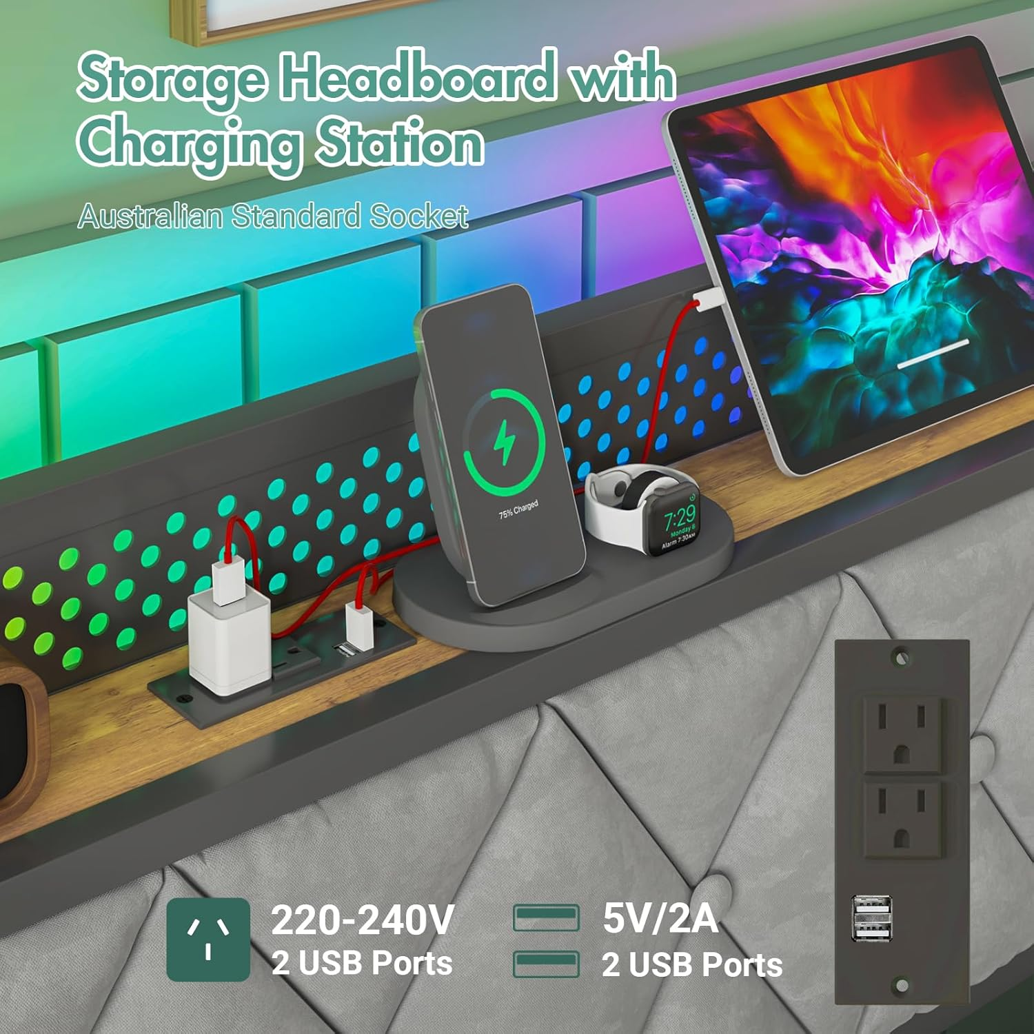 Ufurniture Queen Bed Frame with Headboard Storage, Industrial Metal Bed Base with USB Ports and LED Light, Mattress Platform with Charging Station, Bedroom Furniture image number 4