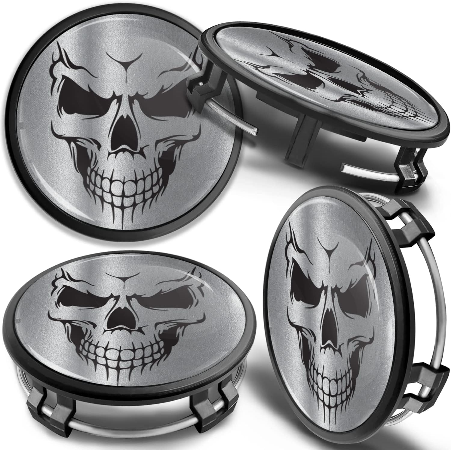 Skinoeu Set of 4 X 75Mm Wheel Center Caps Compatible with Mercedes Benz B66470207 / B66470200 CM Black Skull Silver CM 49 image number 2