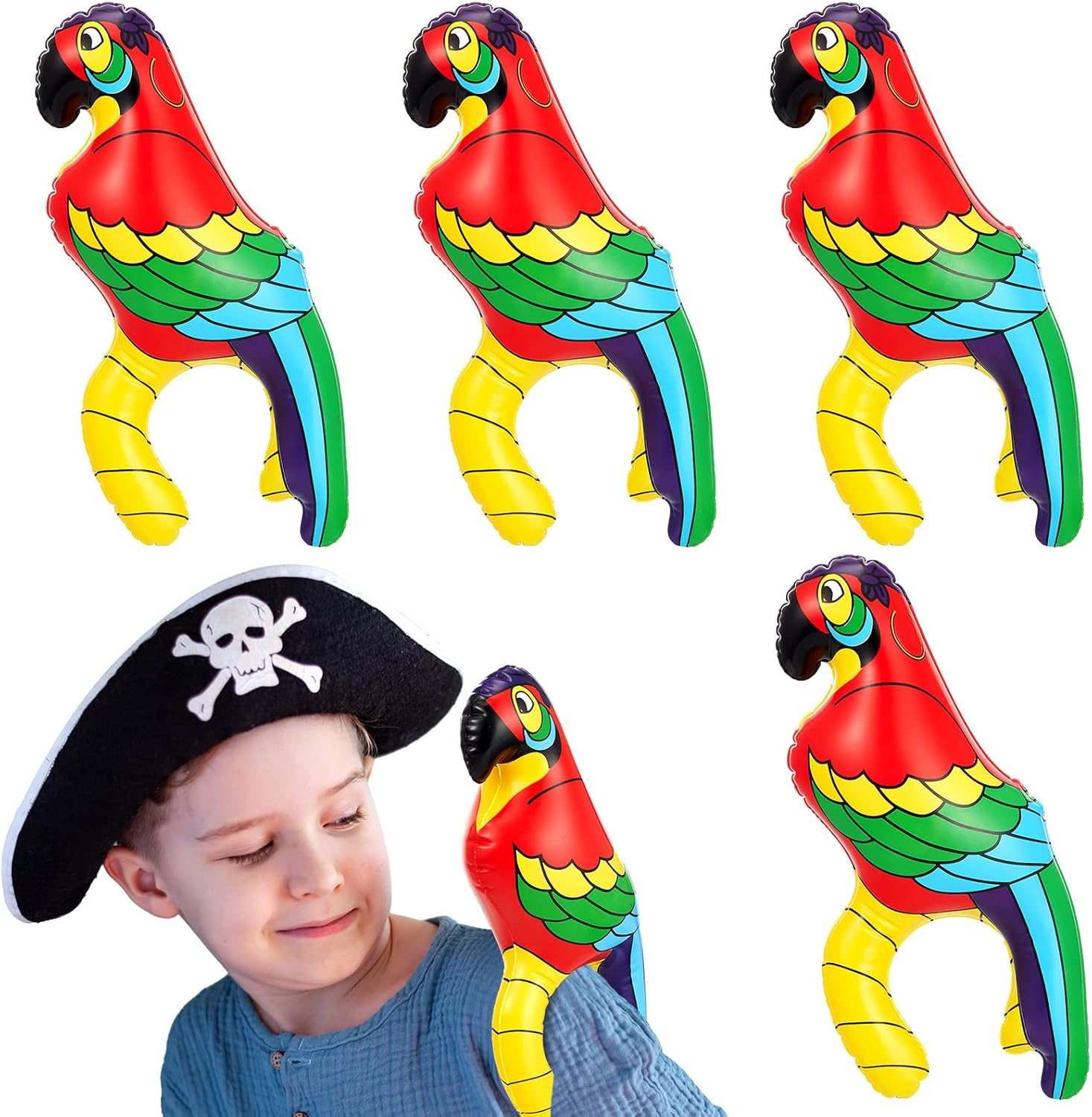 Wettarn 4 Pieces Inflatable Pirate Parrot Shoulder Prop 11 Inches Tall Pet Scarlet Macaw, Pirate Party Decorations for Tropical Party Gift Decoration Pirate Costume Accessory image number 5