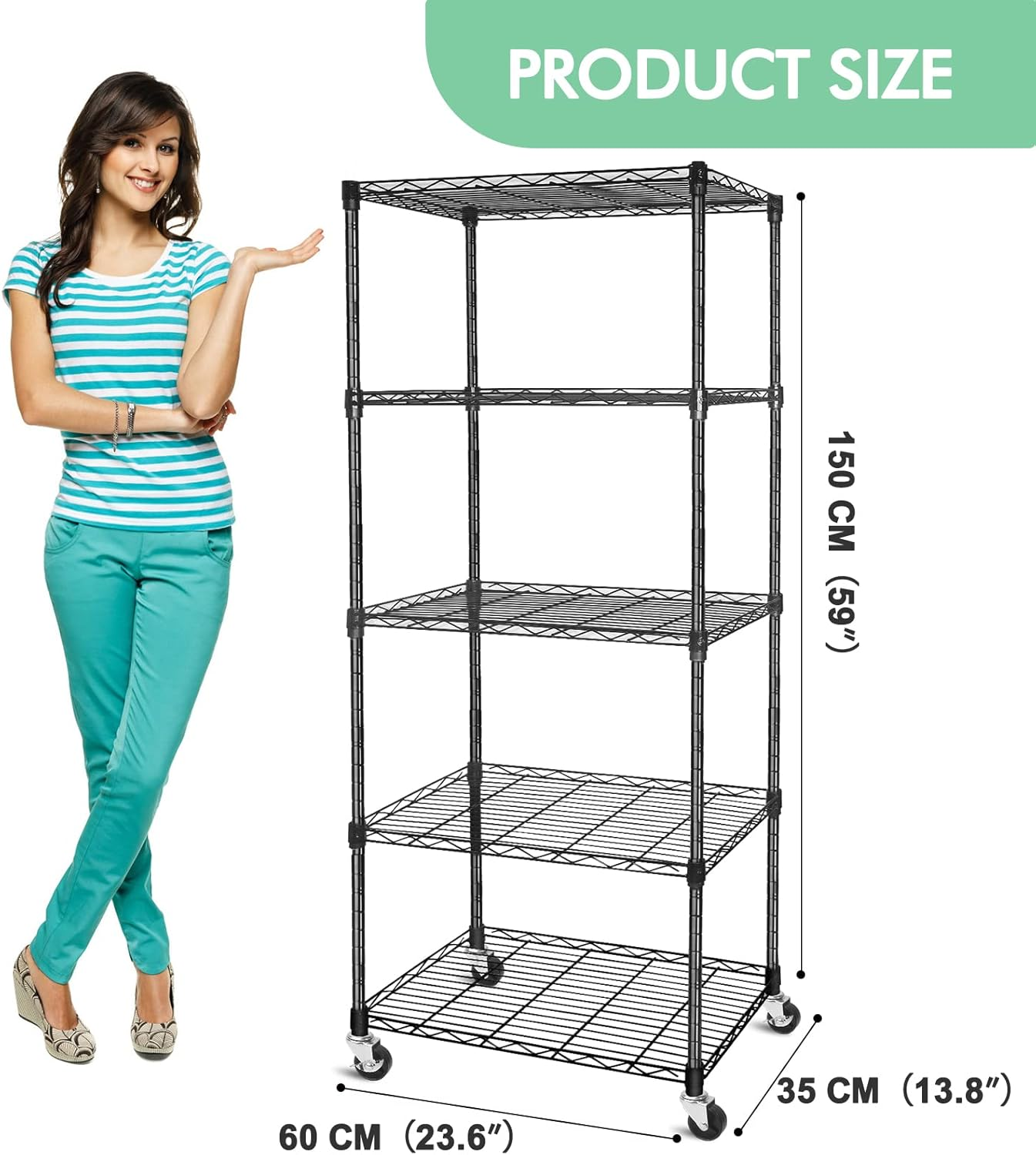 5-Shelf Adjustable,Heavy Duty Storage Shelving Unit on Wheel Casters,Shelves for Storage Wire Shelving,Modern Style,Black (23.7L X 13.7W X 61H) image number 6