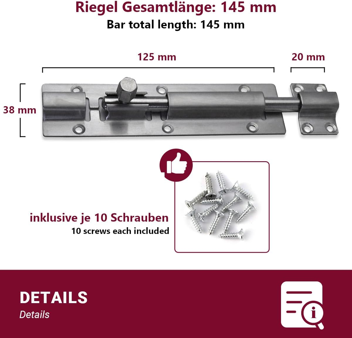 Euro Tische Stainless Steel Door Bolt for Doors and Gates Security, Heavy Duty Gate Bolt for Home, Yard and Garden (14.5 Cm) image number 3