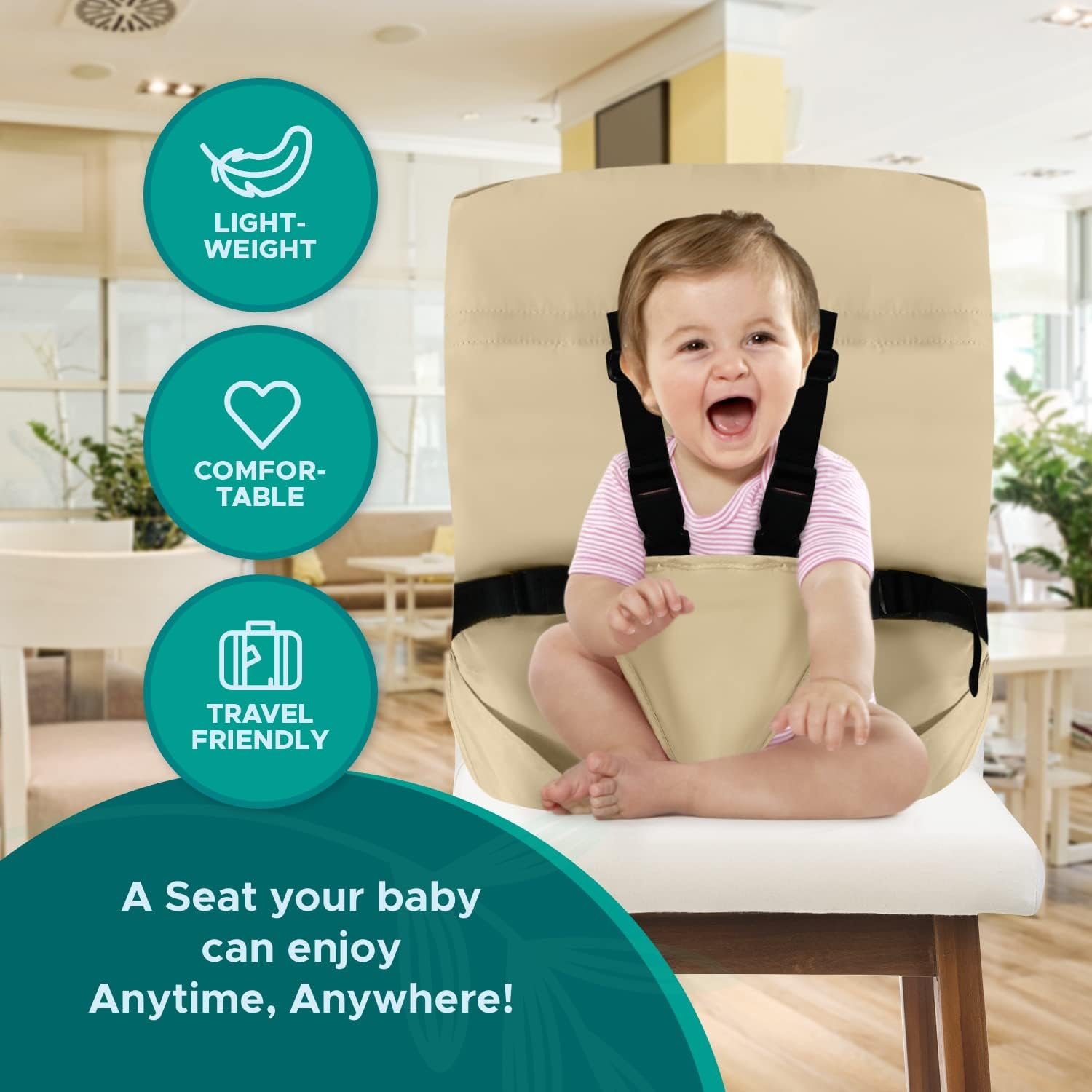 Portable High Chair by Baby Pick- Foldable High Chair for Travel with Adjustable Shoulder Straps- Compact Harness Seat for Babies & Toddlers- Easy to Use Washable Feeding Safety Seat (Beige) image number 5