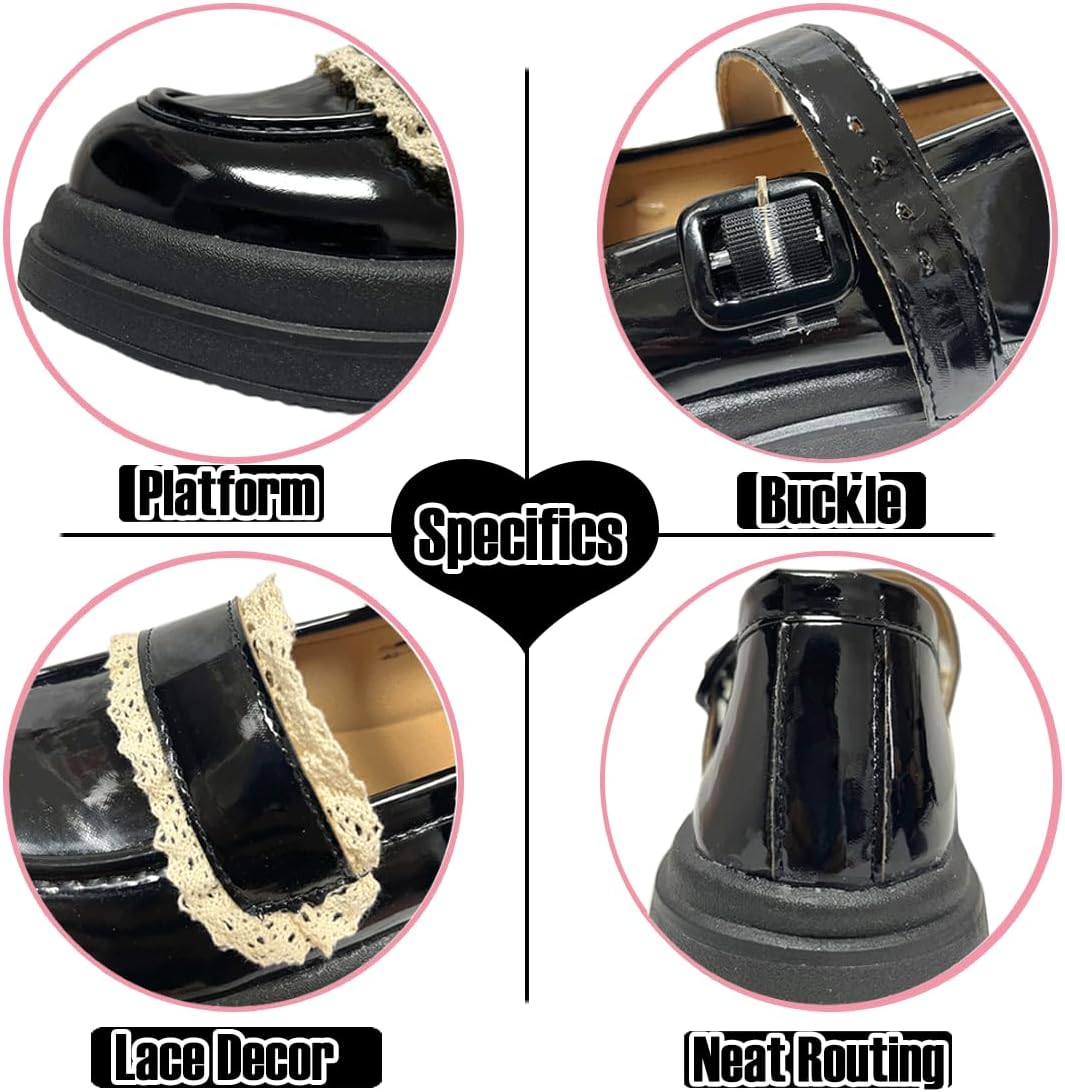 Women Y2K Harajuku Kawaii Goth Lolita round Toe Chunky Heels White Lace Decor Platform Mary Jane Shoes