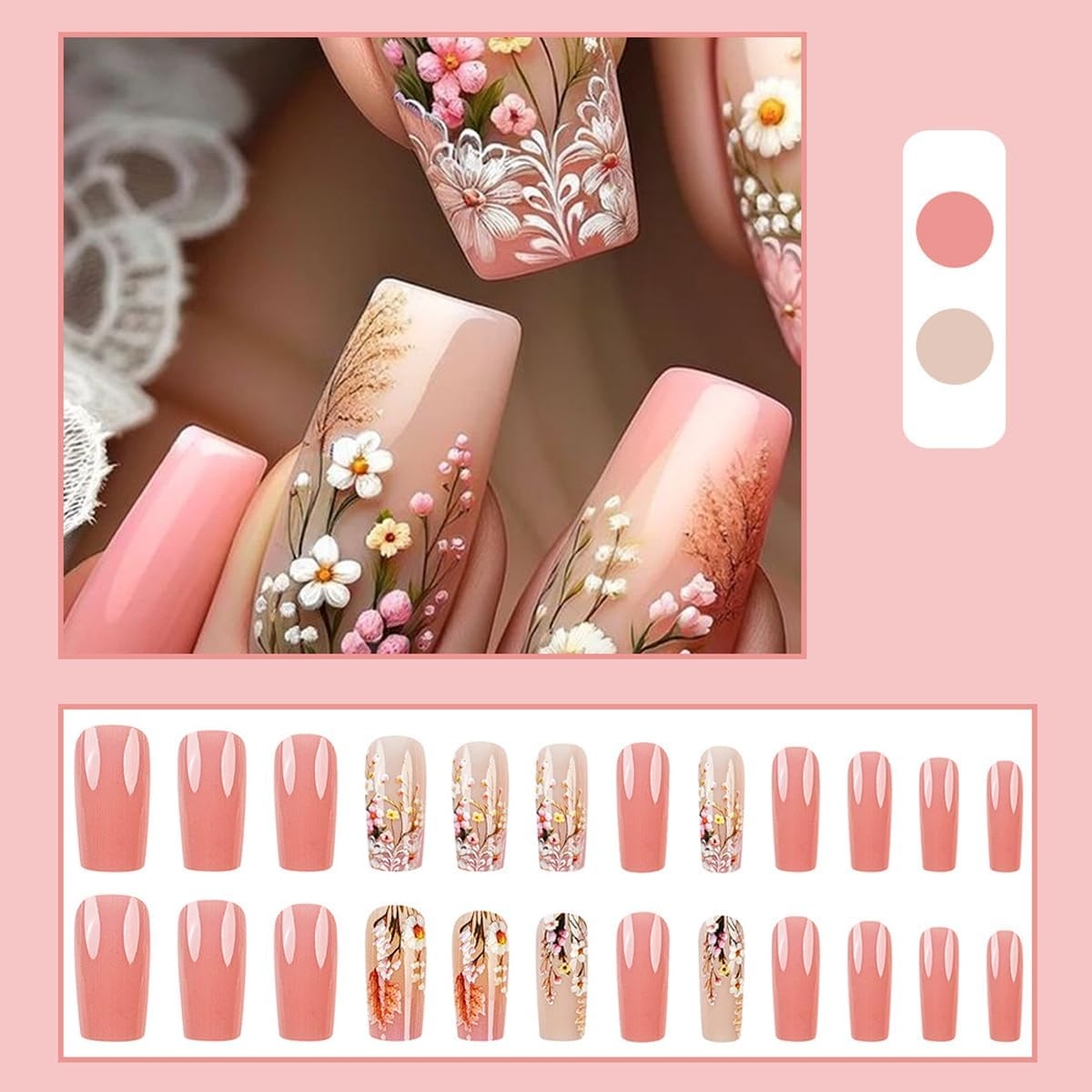 Press on Nails, Rustic Flower Fake Nails, Artificial Nails for Women and Girls -24 Pcs image number 2