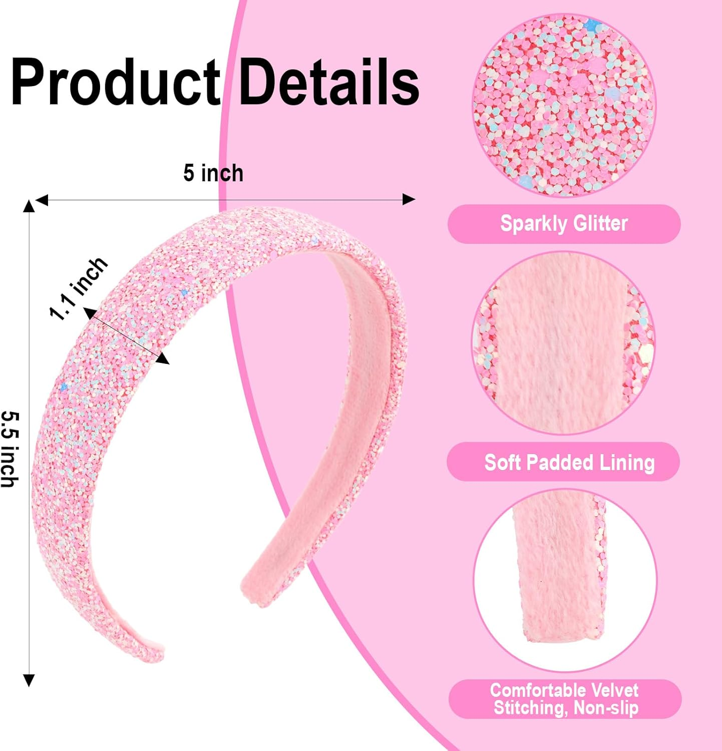 Uintoon Girls Headbands, 3PCS Headbands for Girls Women Glitter Gold Rainbow Pink Headband Sparkly Sequin Headband Hair Accessories image number 1