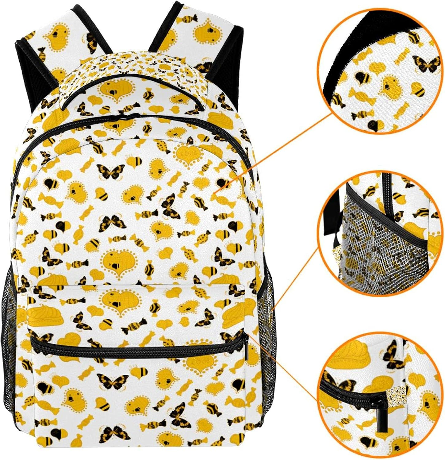 Nice Bee Butterfly Hearts Love on White, Yellow Colors Backpack Students Shoulder Bags Travel Bag College School Tote Backpacks image number 3