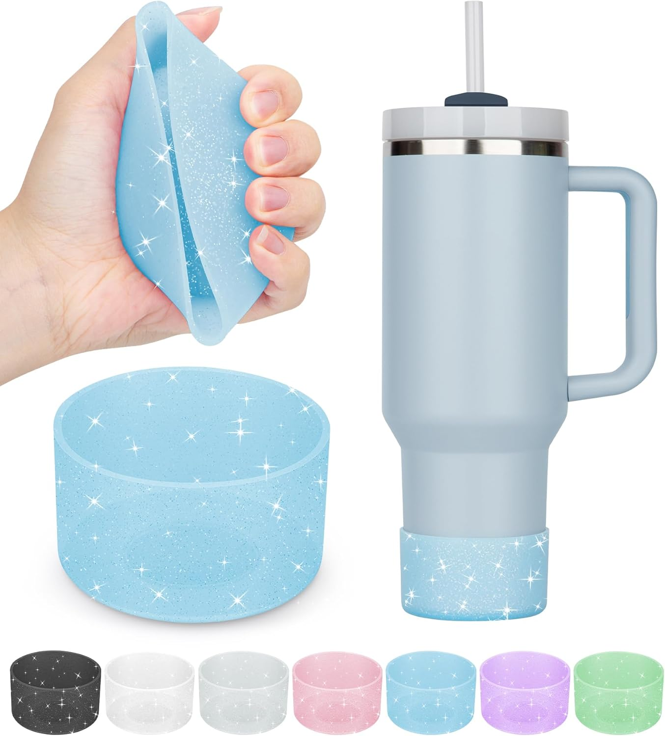 Piccircuit Silicone Boot for Stanley Cup 20-40Oz & Hydroflask 12-24Oz, Glitter Tumbler Accessories, Bottom Protector, Clear (2PCS)