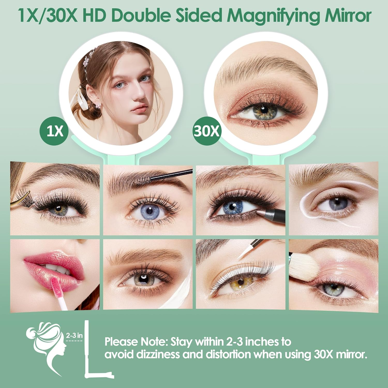 MIYADIVA Magnifying Mirror with Light, Double Sided 30X/1X Lighted Travel Makeup Mirror with Magnification, 3 Color Lighting, Dimmable Touch Screen, Adjustable & Foldable Hand Mirror (Green) image number 5