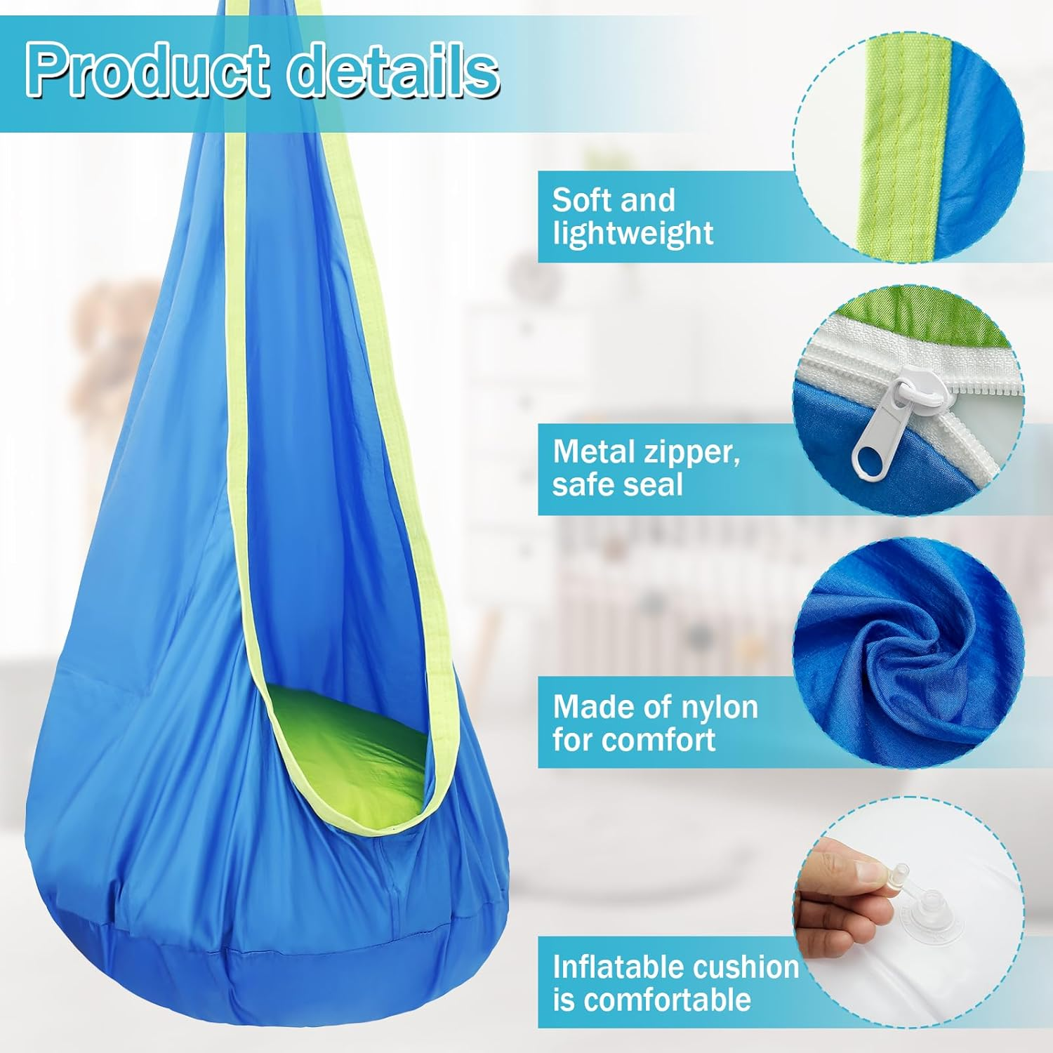 Kids Pod Swing Seat, Portable Hammock Sensory Chair Swing, with Inflatable Pillow Hanging Hammock Chair, with Pocket Max 80 Kg, for Indoor Outdoor Use Kids, for Backyard Playground Indoor Outdoor image number 1