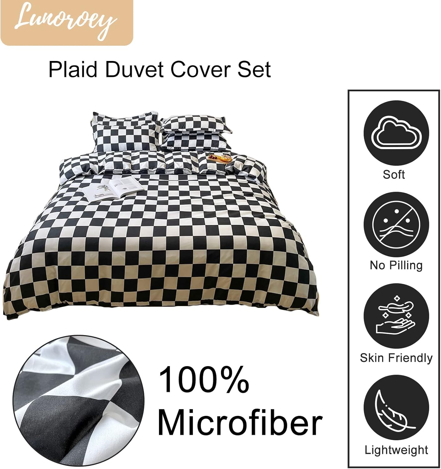 Lunoroey Checkered Duvet Cover Set King Size Black and White Checkerboard Plaid Grid Quilt Cover Geometric Microfiber Soft Bedding Set (1 Duvet Cover and 2 Pillowcases)