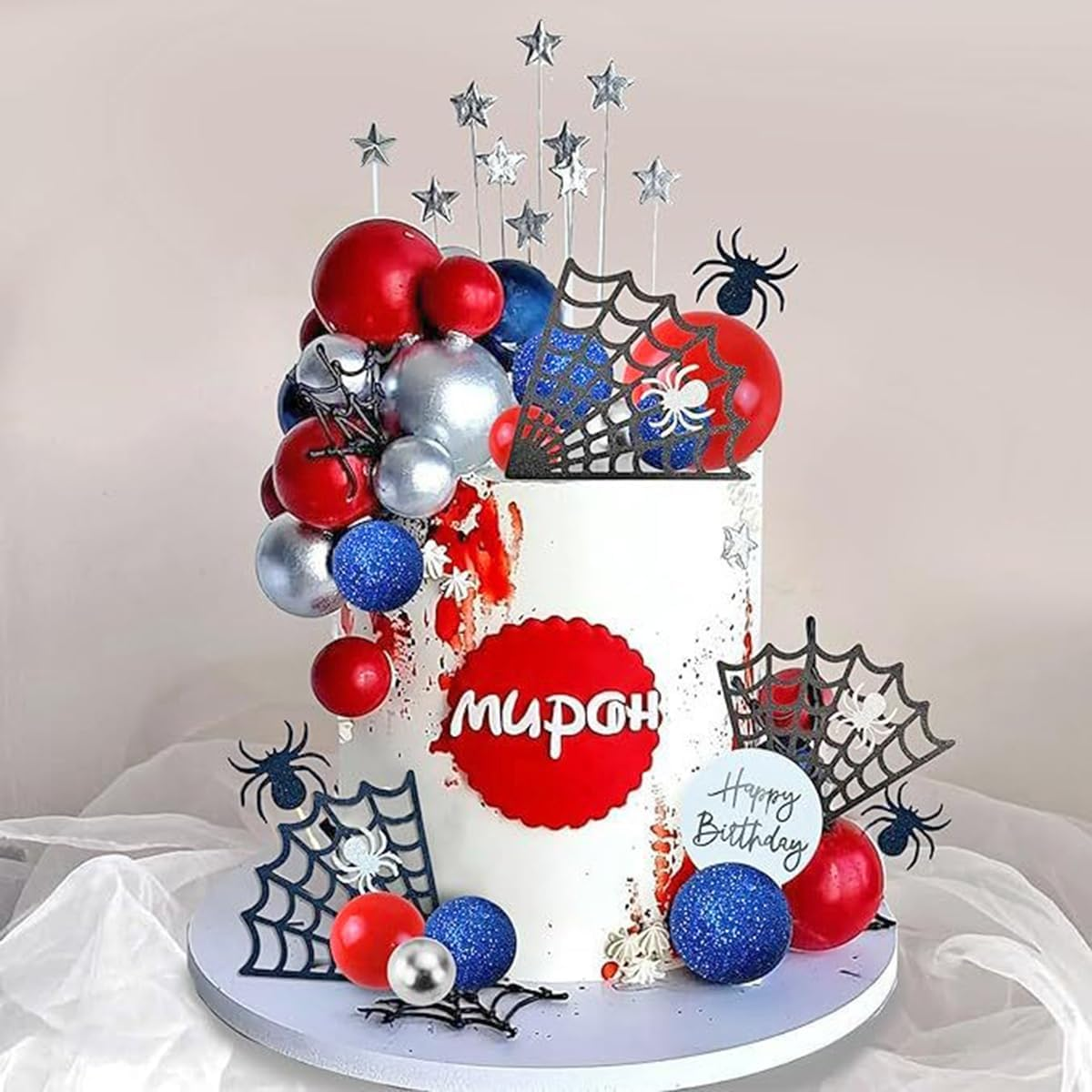 37Pcs/Set Spider Cake Topper Spider Web Cupcake Decorations with Red Black Balls Stars for Kids Birthday Party