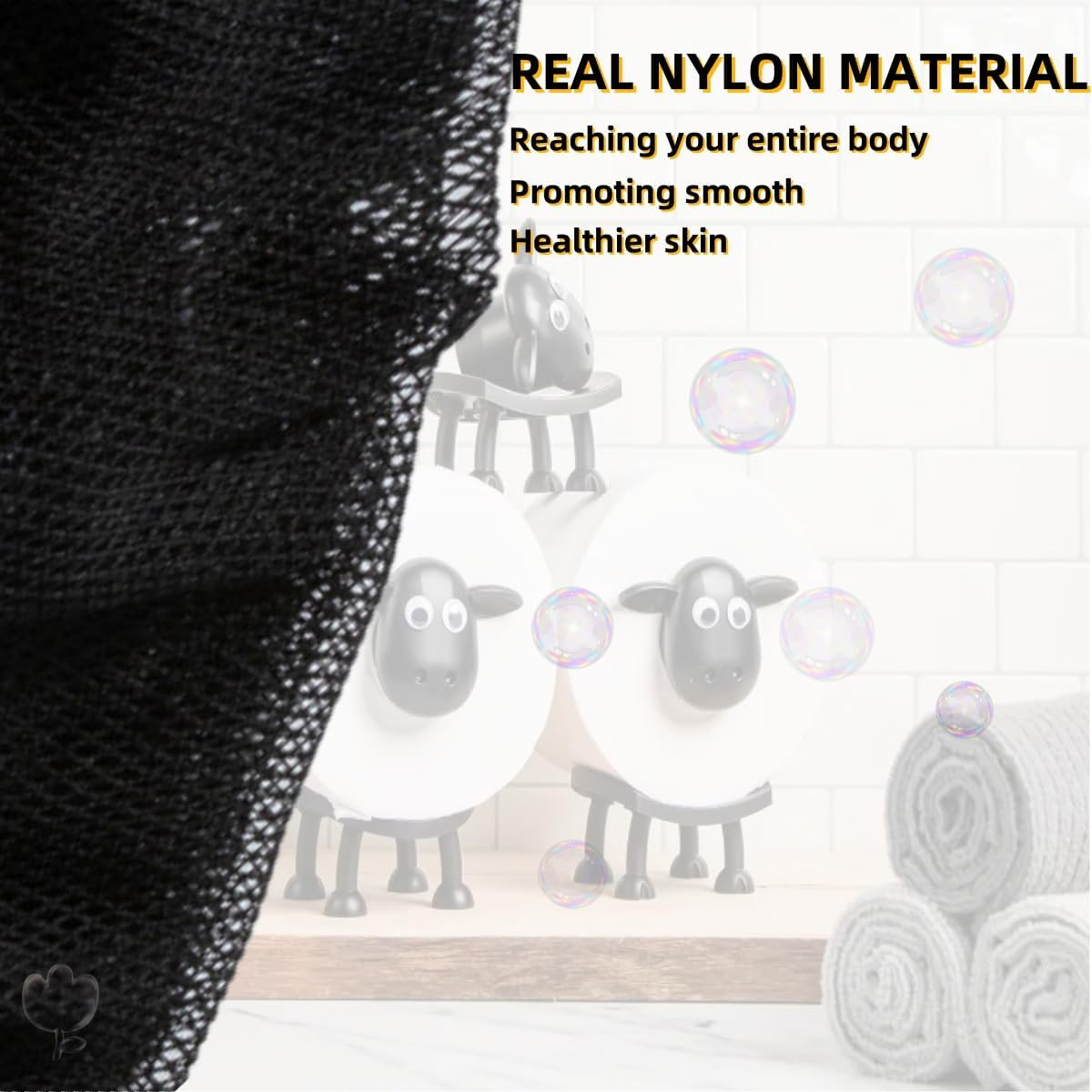 Hpessoterr 2 Pieces Long Bath Net Sponge,Body Exfoliating Long Net Shower Body Scrubber Back Scrubber Skin Smoother,Stretch Len（Black）