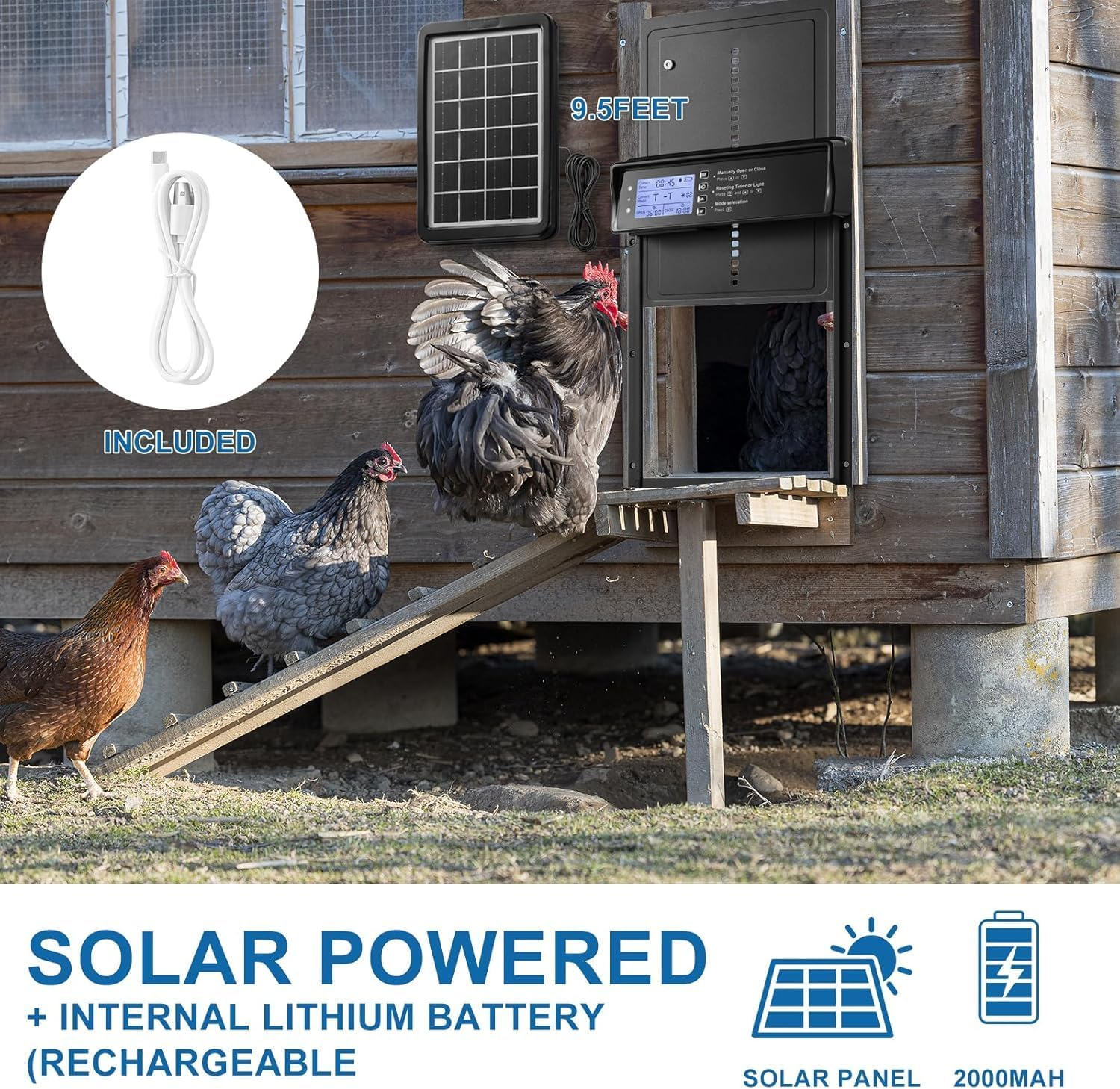 Automatic Chicken Coop Door Solar Powered, 4 Modes Auto Chicken Door Solar, Anti-Pinch & Weather Proof Coop Door with Remote Control, LCD Display Chicken Door with Timer, Light Sensor&Alert image number 5