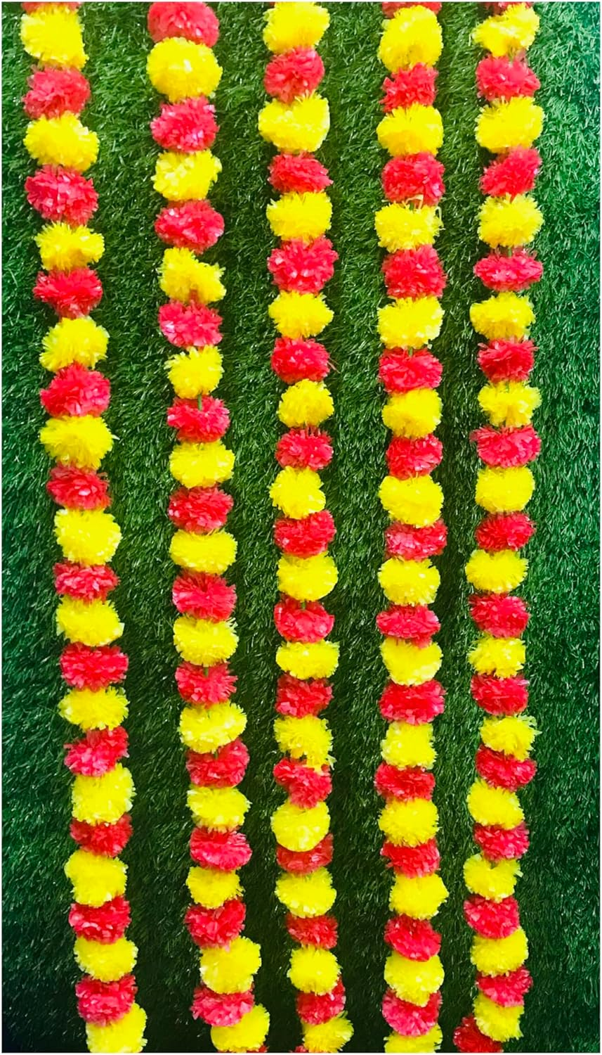 Artificial Flower Marigold Flower Garland 5 String Party Genda Phool Mala 5 Feet Long Each String for Home Diwali Decoration Margenta and Yellow