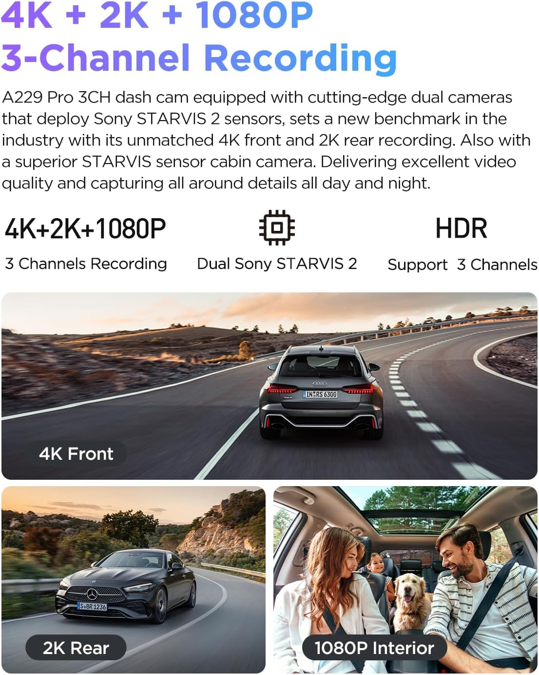 VIOFO A229 Pro 3 Channel 4K HDR Dash Cam, Dual STARVIS 2 Sensors IMX678 & IMX675, 4K+2K+1080P Front inside and Rear Triple Car Camera, 5Ghz Wifi GPS, Voice Control, 24H Parking Mode image number 2