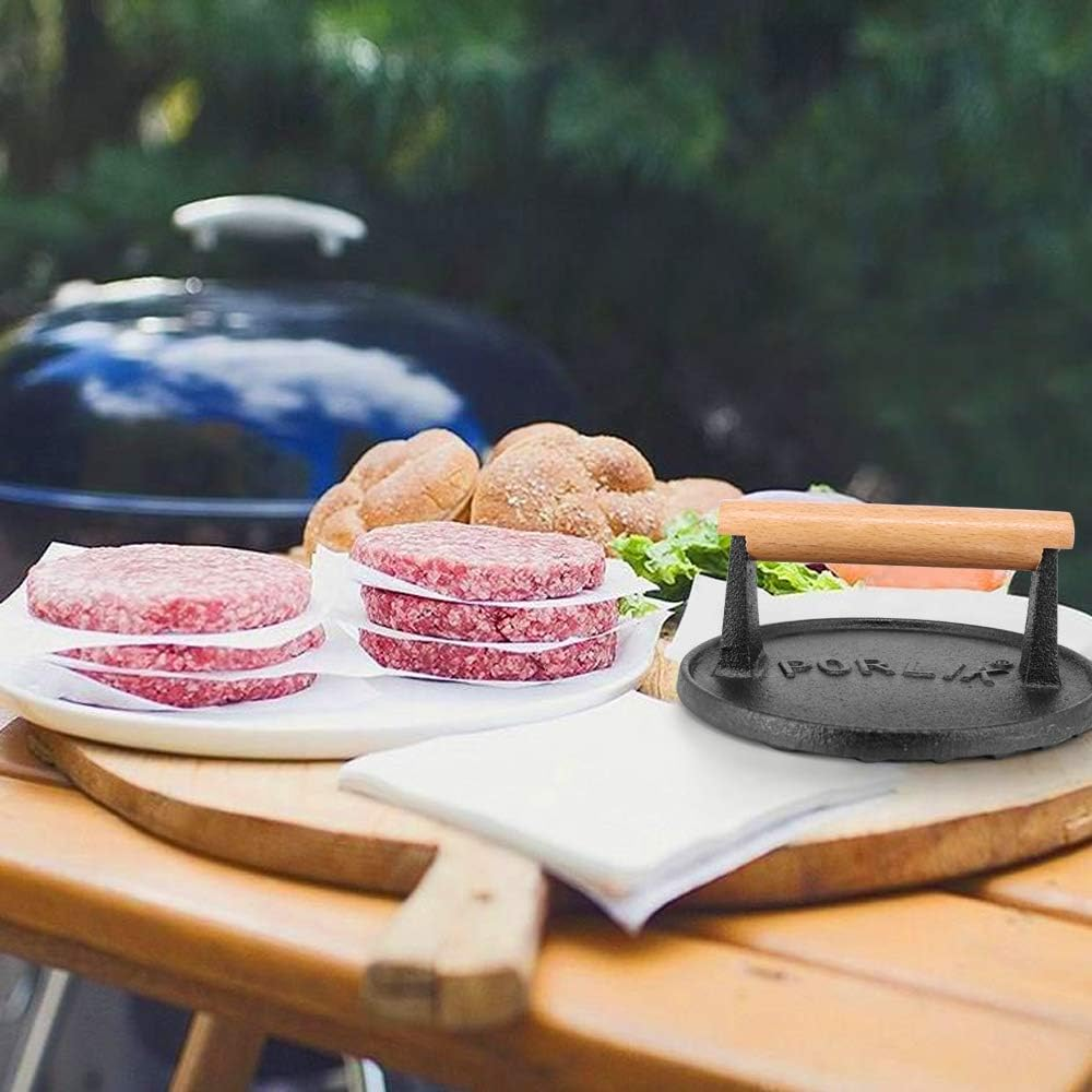 Cast Iron Hamburger Press - Heavy-Duty Patty Maker Burger Meat Press Mold with Wooden Handle,6.9-Inch Round