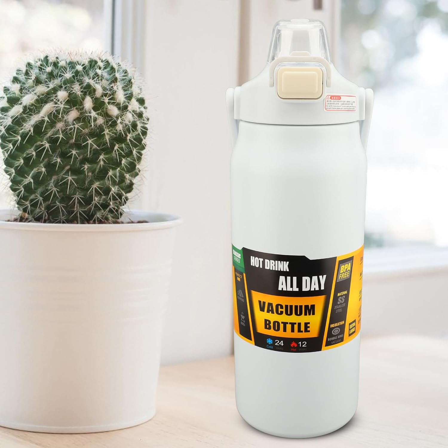 Bewinner 304 Stainless Steel Insulated Water Bottle 1.5L, Straw Lid Handle Reusable Wide Mouth Vacuum Bottle for Gym Fitness (White) - Black image number 2