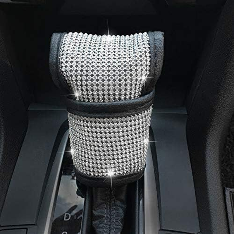 Uphily Black Leather Automotive Gear Shift Knob Cover - Car Interior Accessories Gear Shifter Cover with Bling Diamond Crystal Rhinestones for Women or Girls