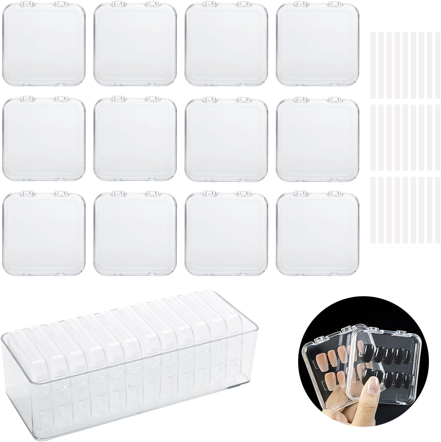 LUCKJUJU 12 Pcs 2.75" Press on Nail Storage Box Container False Nail Organizer Acrylic Display Case Packaging Box with Adhesive Double Sided Tape for Nail Art (Not Included Press on Nail) image number 2